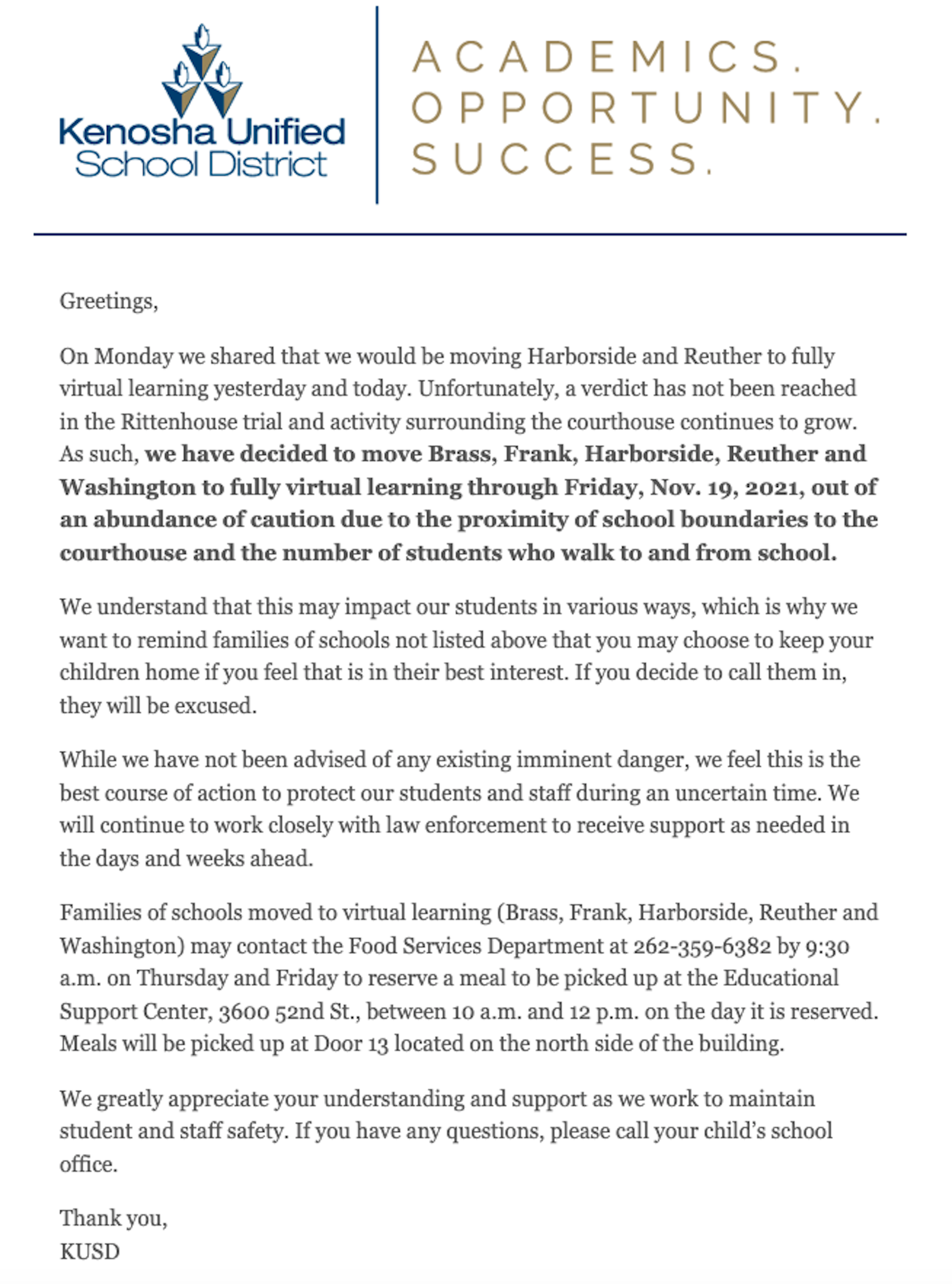 Kenosha Unified School District letter