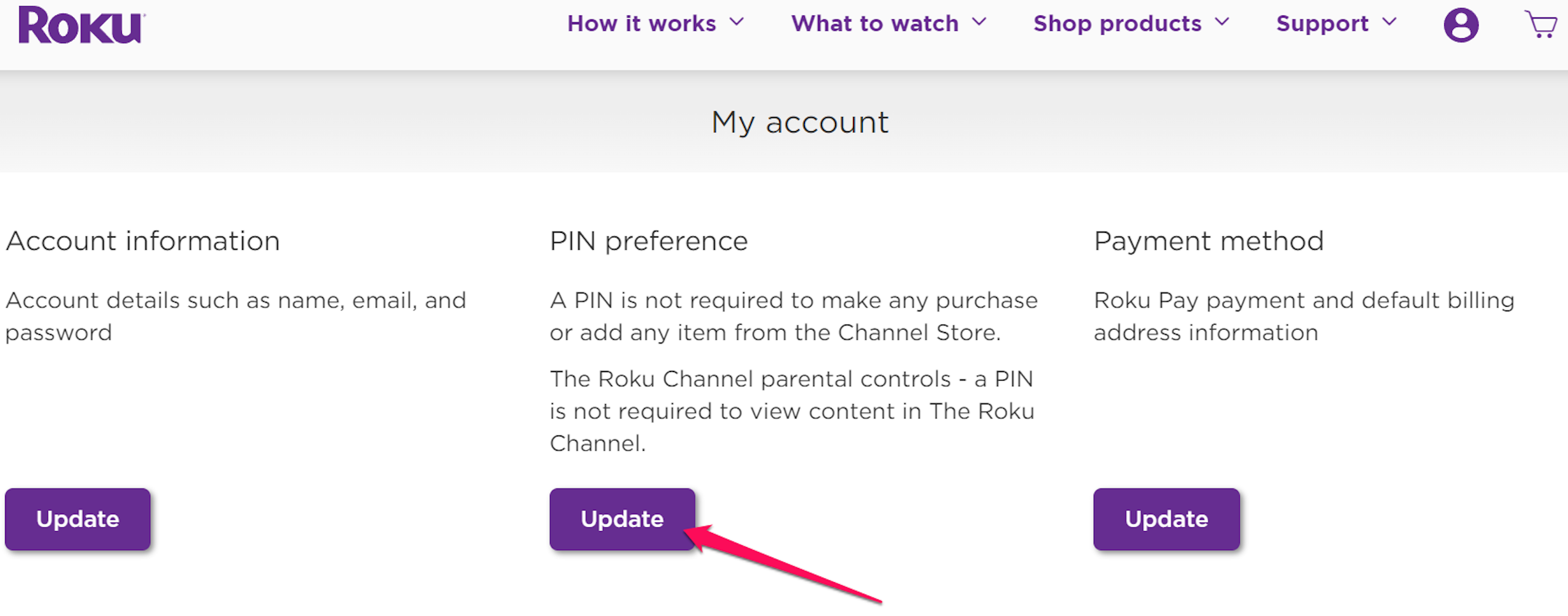 Screenshot of the PIN preferences update section on Roku website