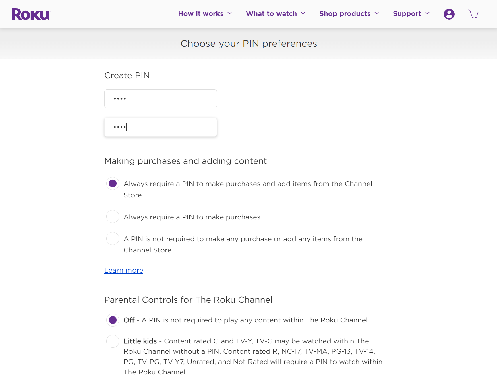 Screenshot of PIN Settings and update page on Roku website