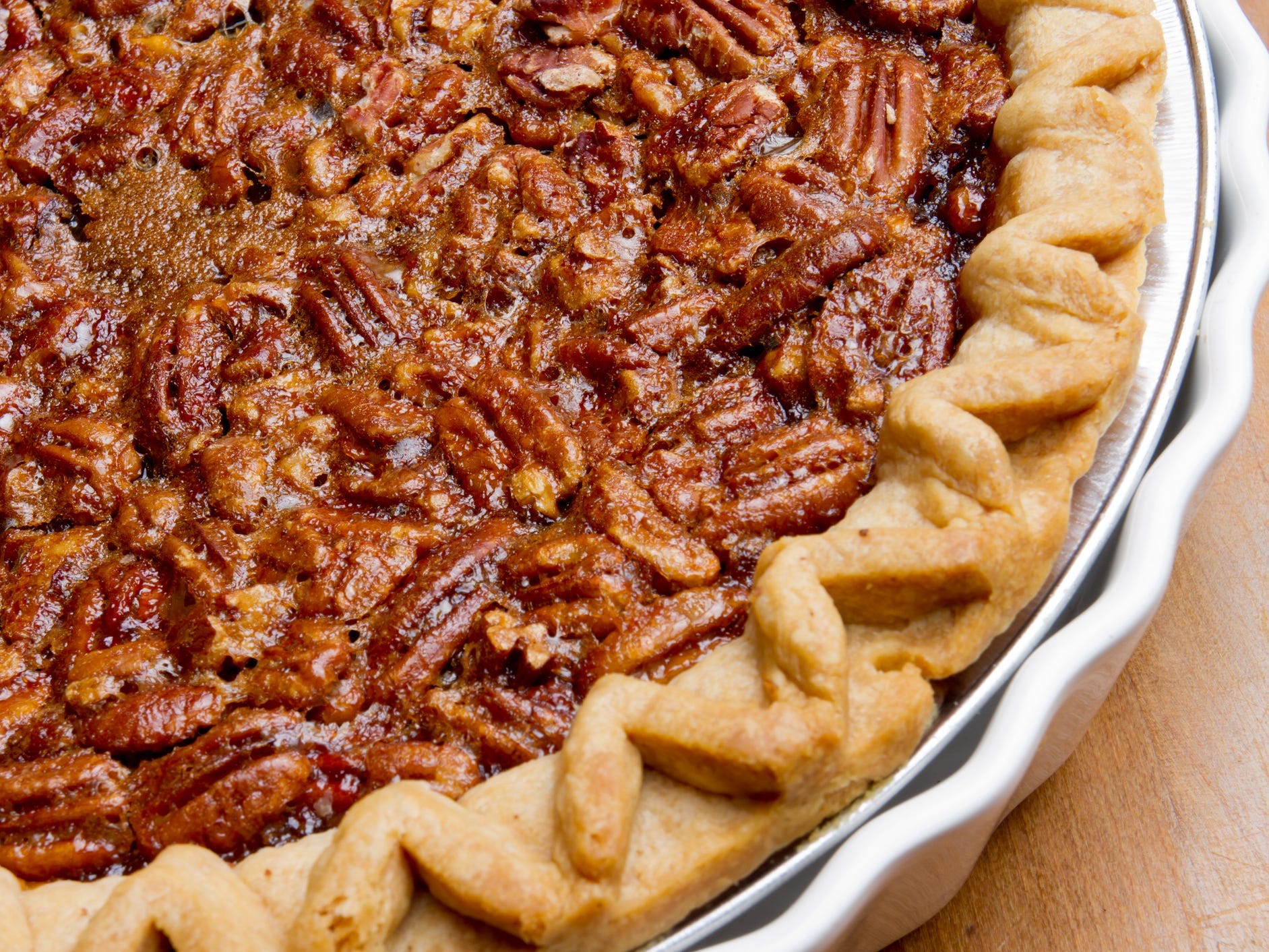 A closeup of a pecan pie