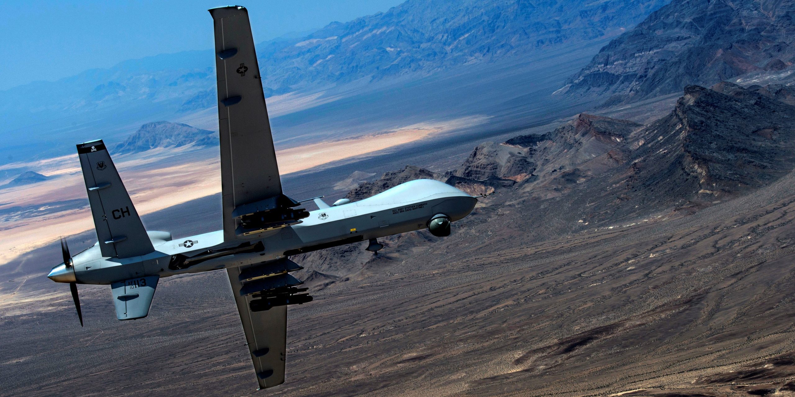 An MQ-9 Reaper remotely piloted drone aircraft performs aerial maneuvers over Creech Air Force Base