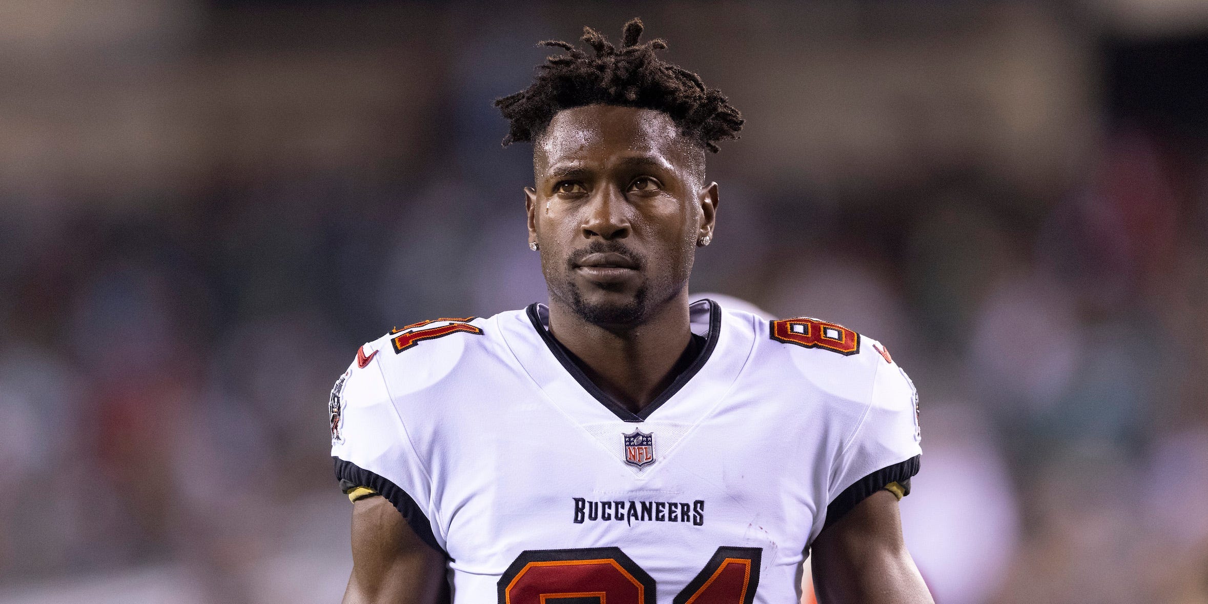 Antonio Brown #81 of the Tampa Bay Buccaneers looks on prior to the game against the Philadelphia Eagles at Lincoln Financial Field on October 14, 2021 in Philadelphia, Pennsylvania.