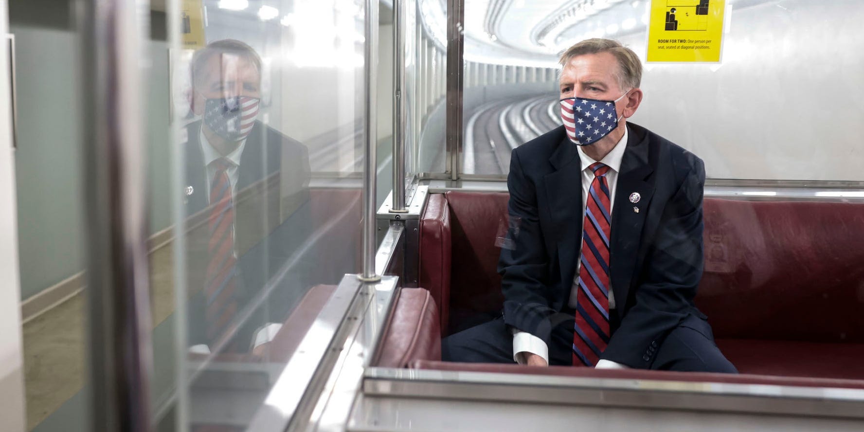 Republican Rep. Paul Gosar of Arizona rides alone on a subway car to the Capitol Building on November 17, 2021.