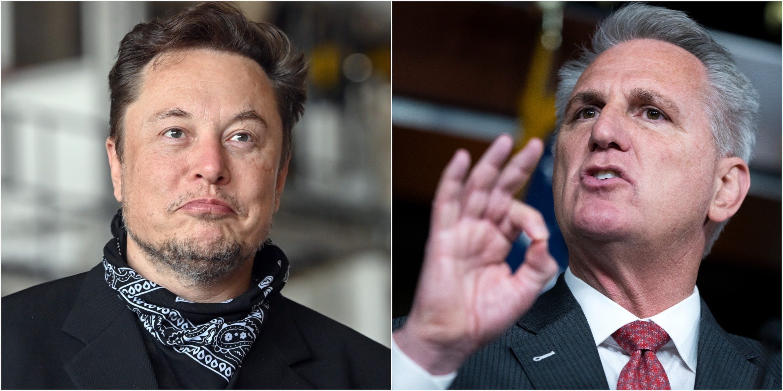 Collage: Elon Musk smirks, Kevin McCarthy gestures with an OK hand signal while pursing his lips.
