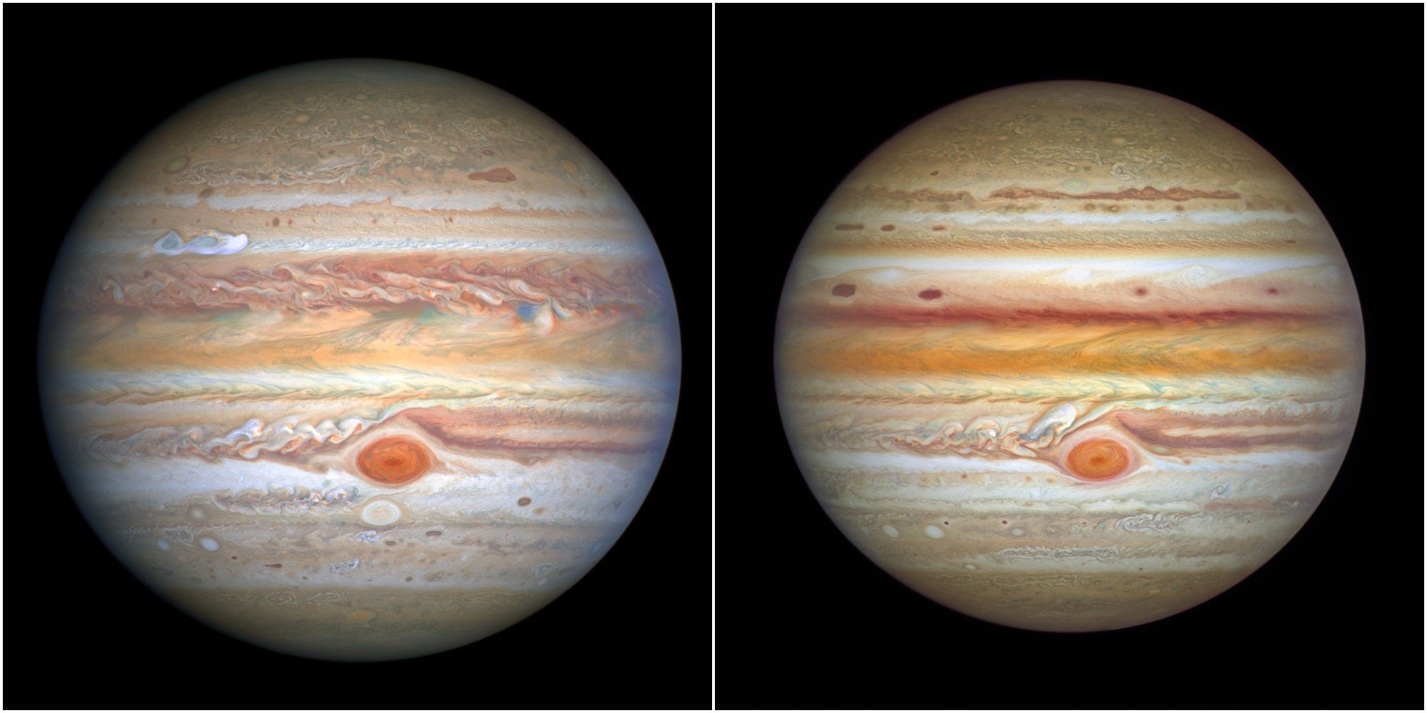 Pictures from Hubble Telescope of Jupiter in 2020 and in 2021 are shown side by side.