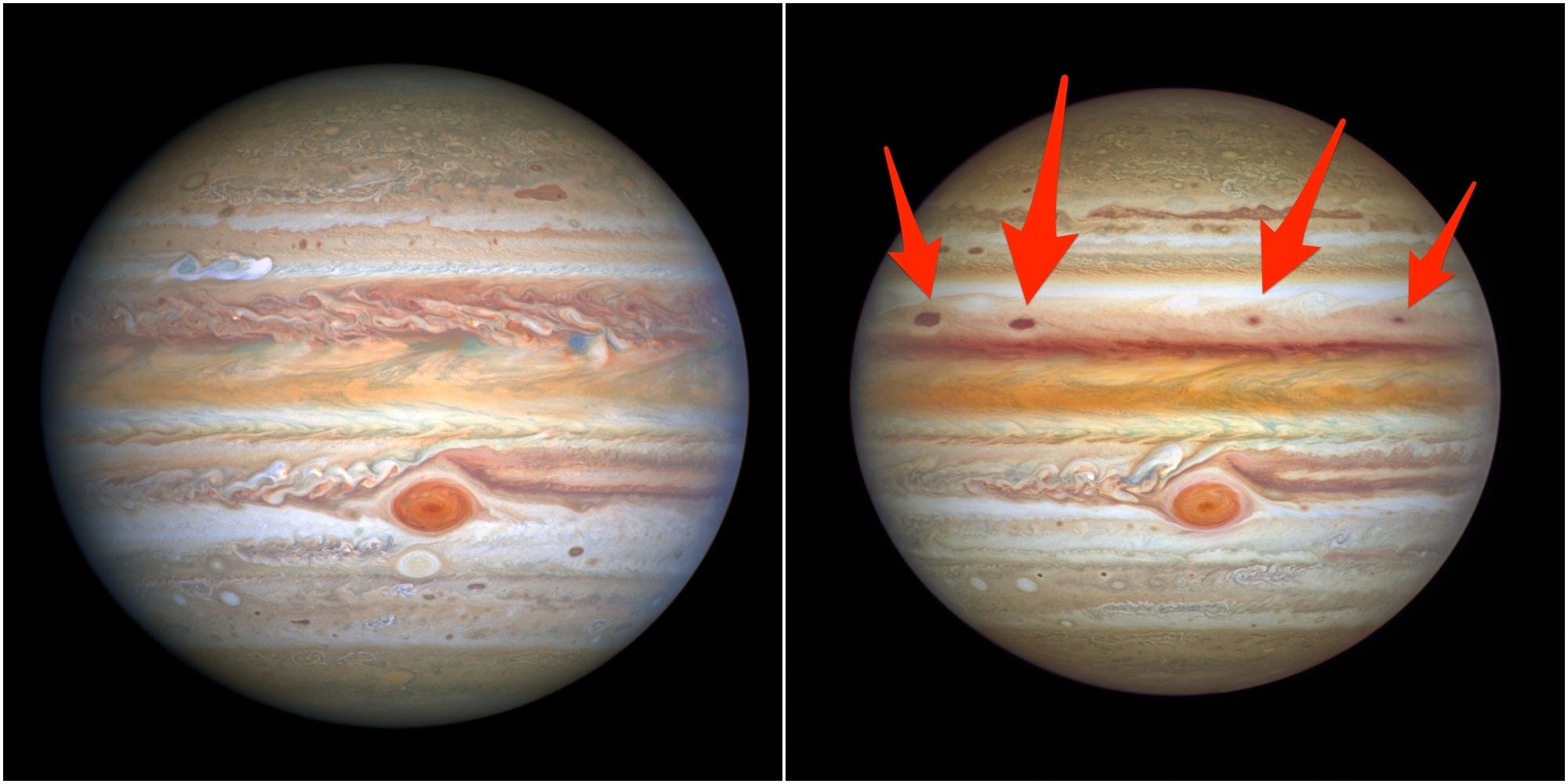 arrows shows the new storms on a picture of Jupiter on 2021 taken by Hubble telescope.