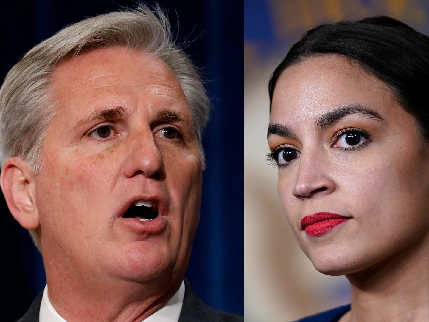 Close up images of Rep. Kevin McCarthy and Rep. Alexandria Ocasio-Cortez side by side.