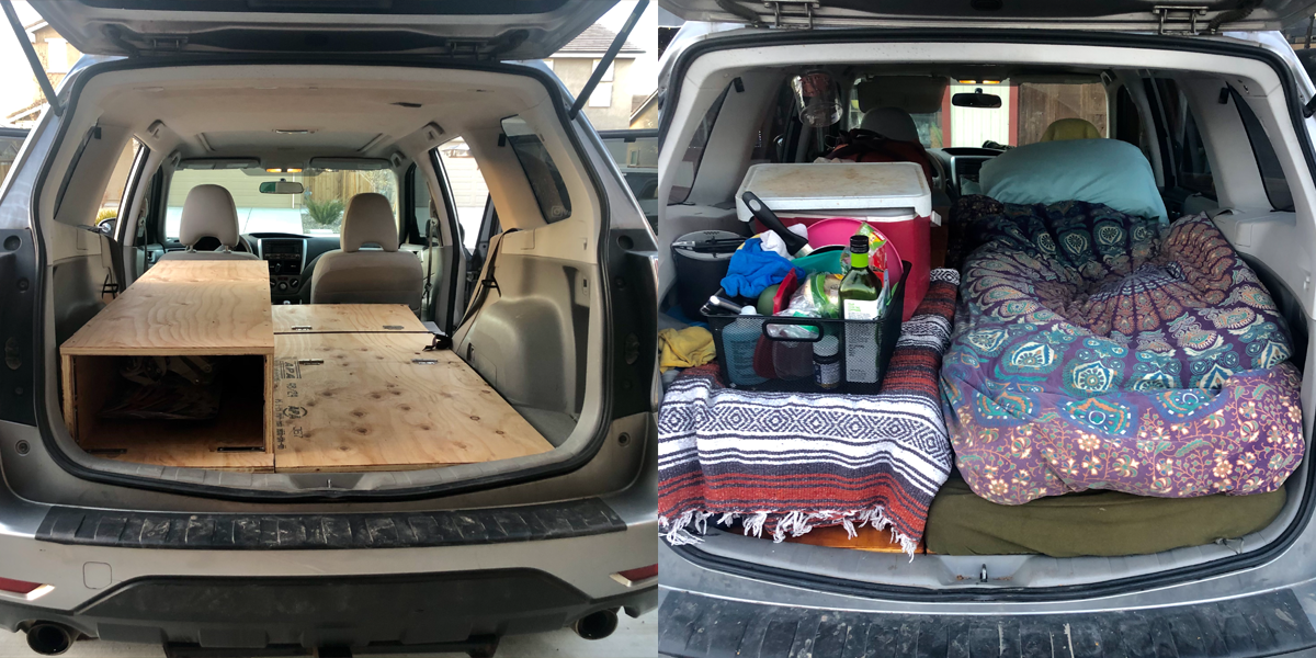 side by side photos through the trunk of a subaru forester before and after bed and other items are added