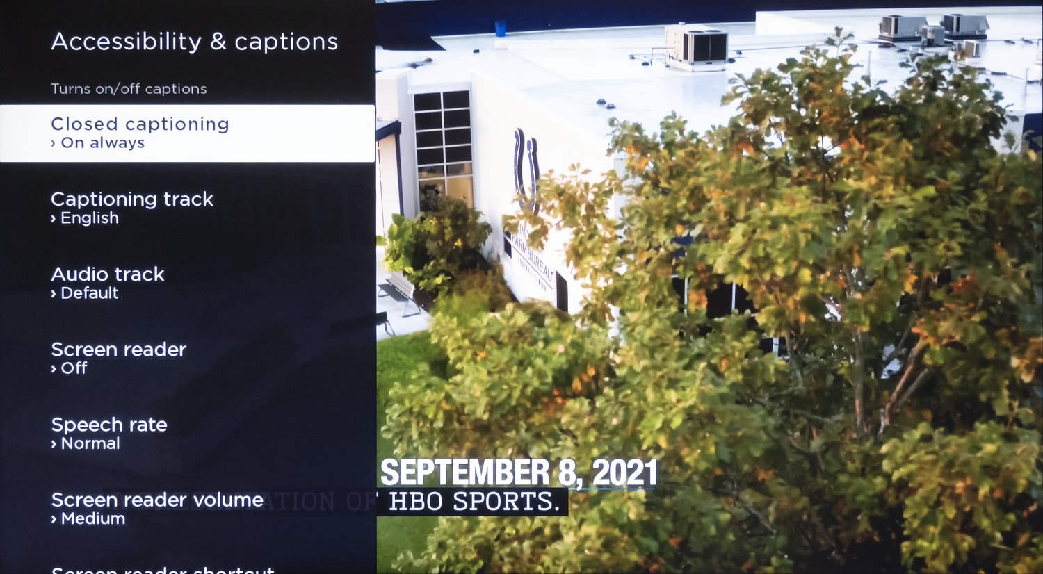 Screenshot of the the options menu in HBO Max