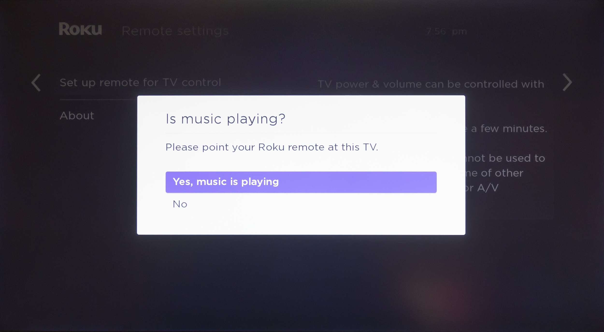Screenshot of prompts to set up a TV on the Roku remote
