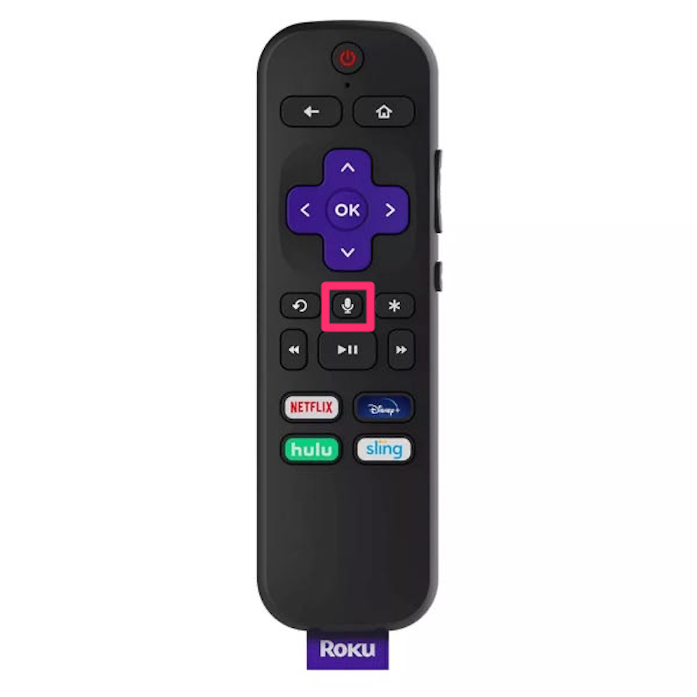 Image of Roku voice remote with microphone button highlighted