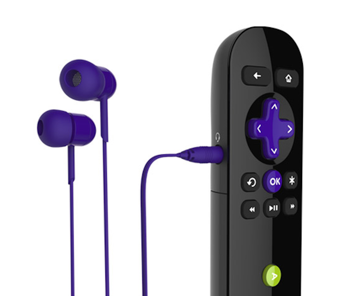 Image of Roku voice remote with earphones plugged in