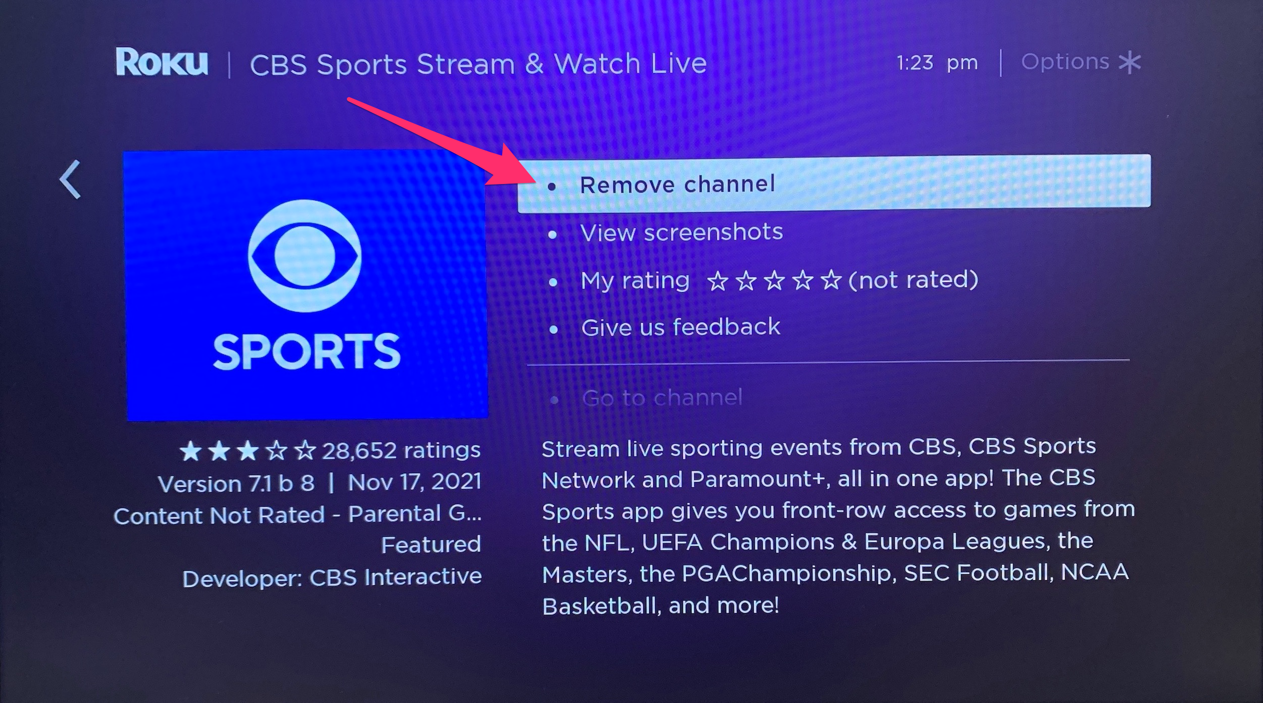 Screenshot of remove channel option on channel details page on Roku