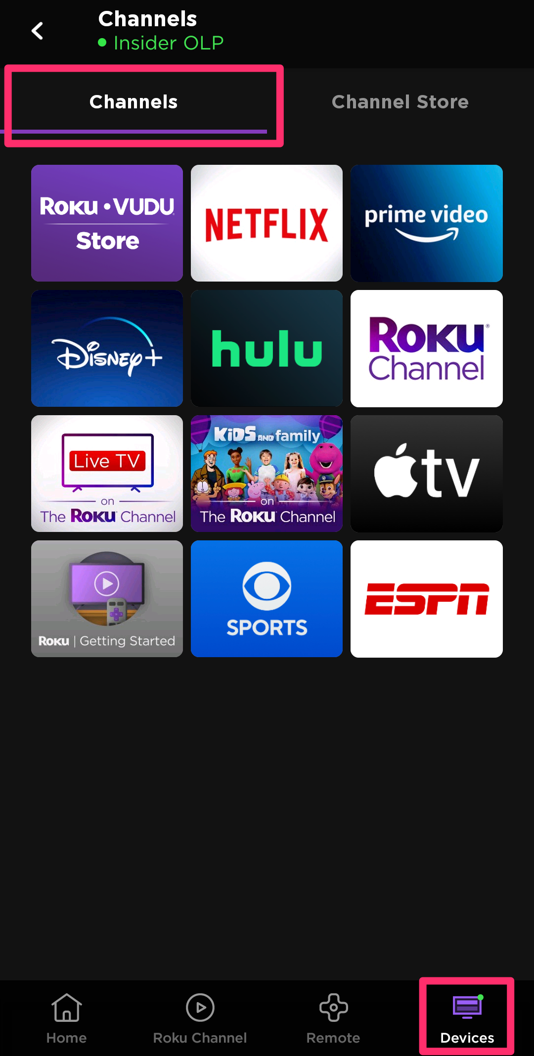 Screenshot of Channels tab on Devices page on Roku mobile app