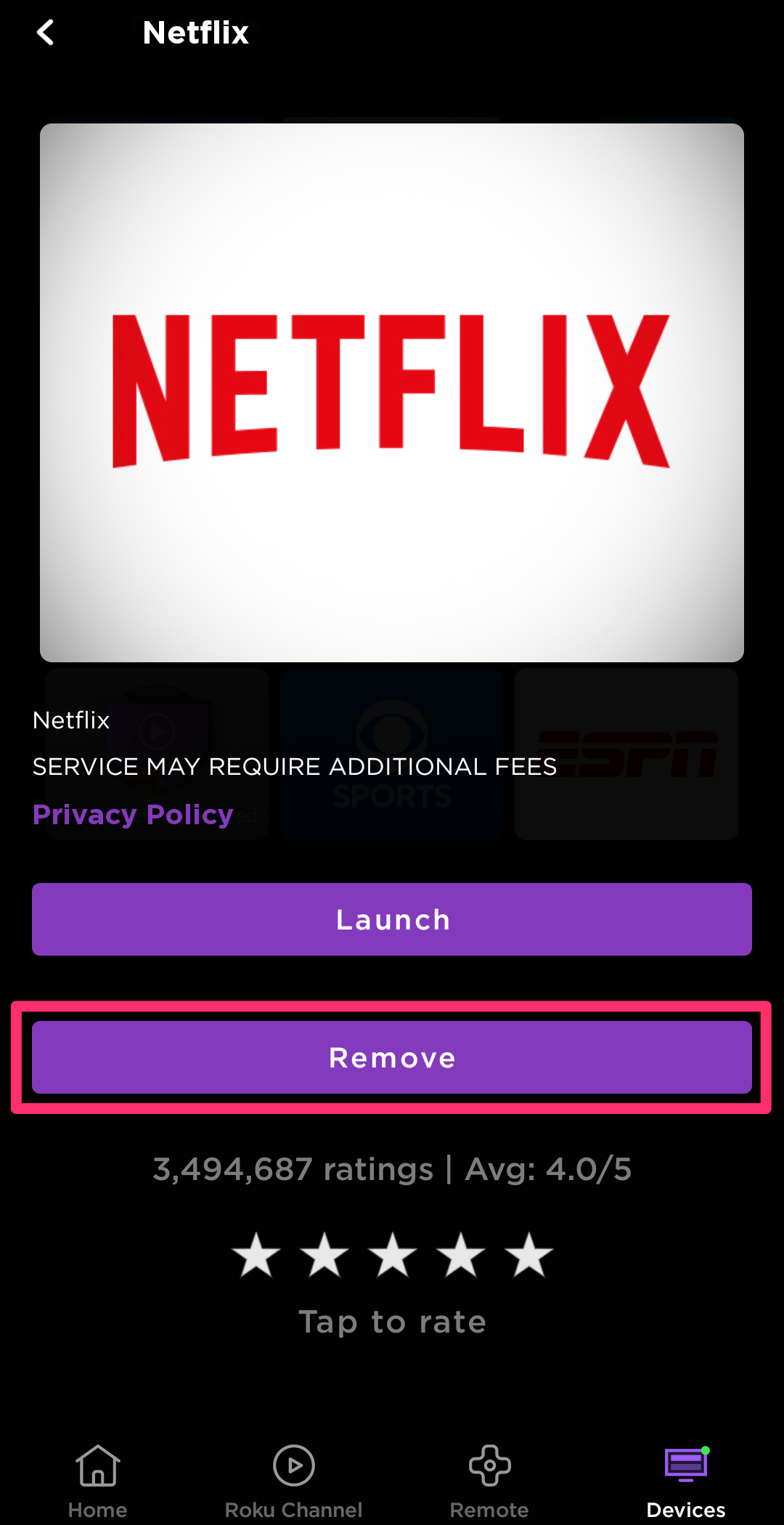 Screenshot of remove option on channel details page on Roku mobile app