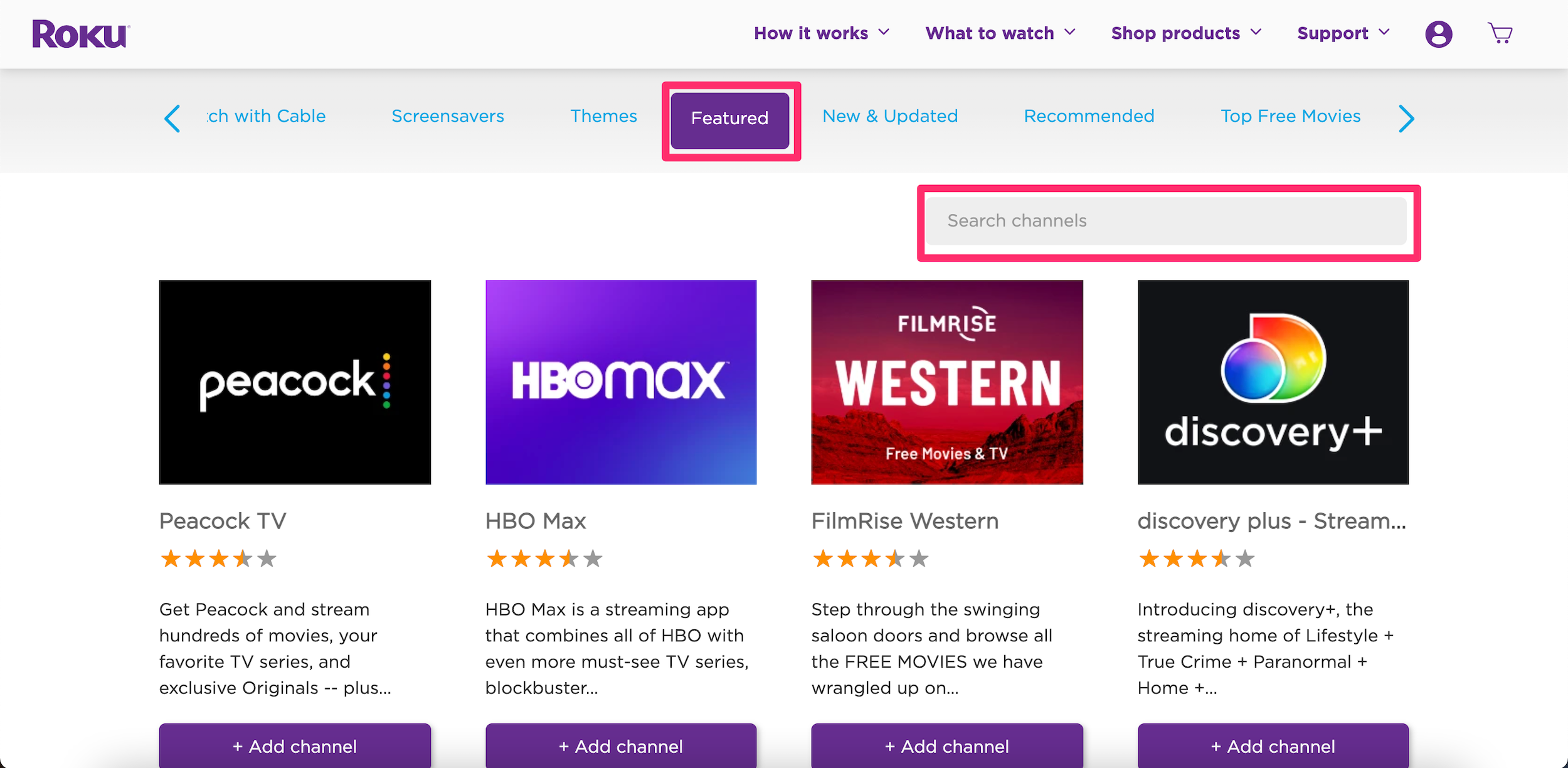 Screenshot showing how to find channels to add on the Roku site