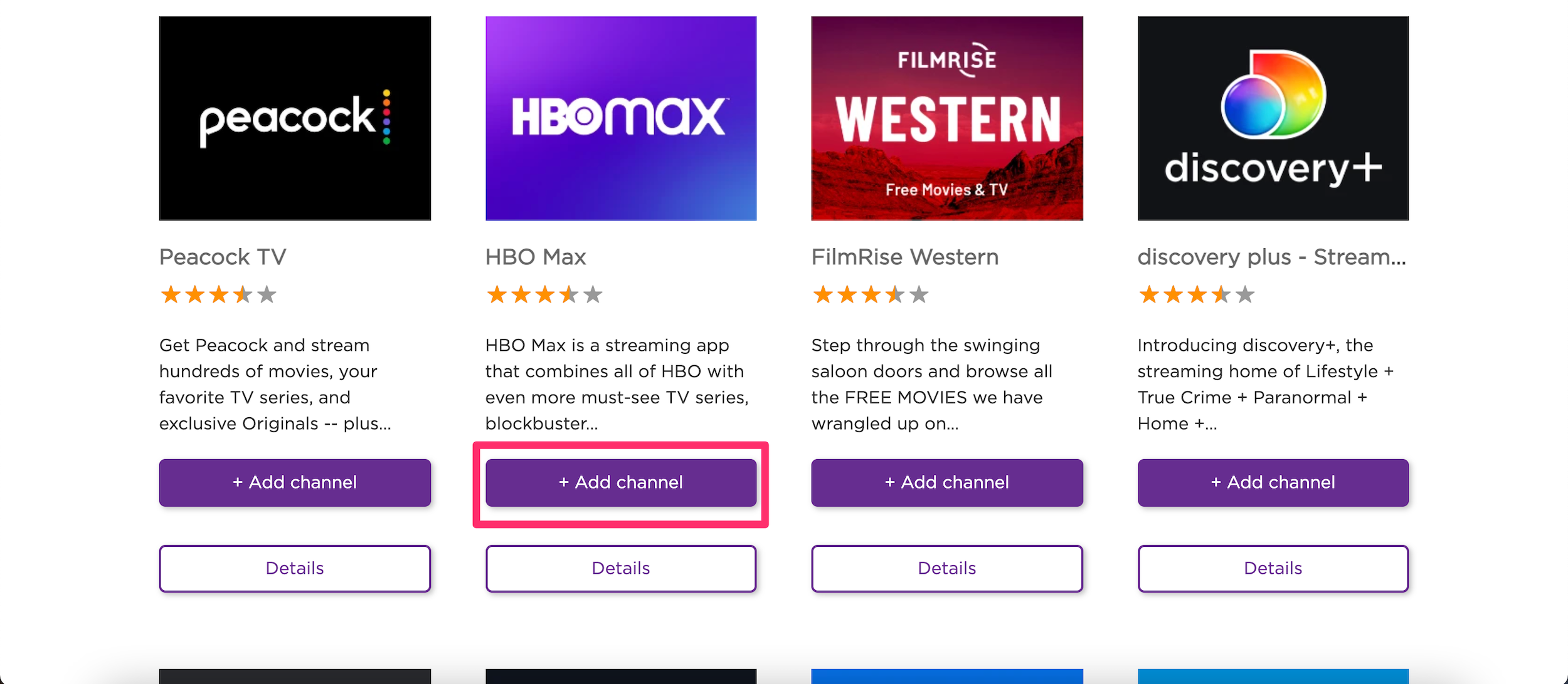 Screenshot highlighting how to add a channel on the Roku site