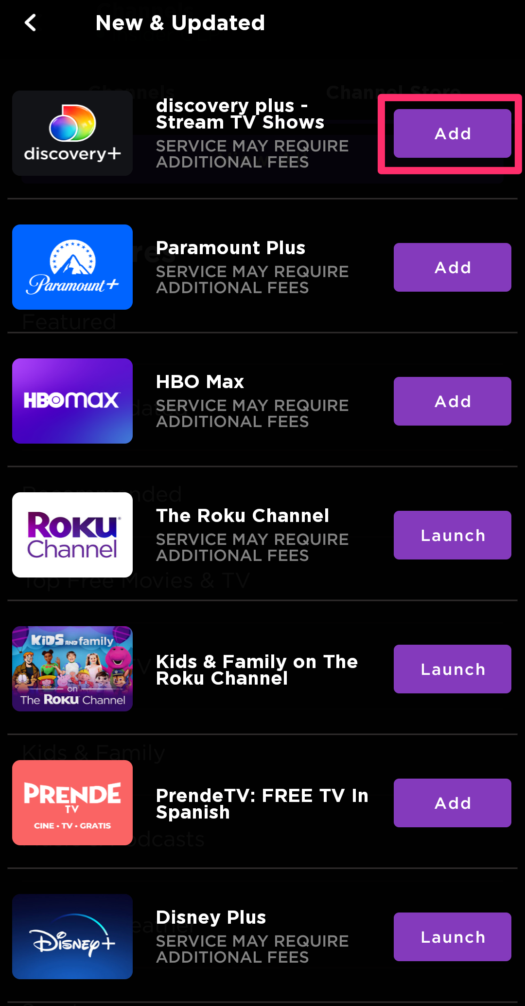 Screenshot of add channel button on Roku mobile app