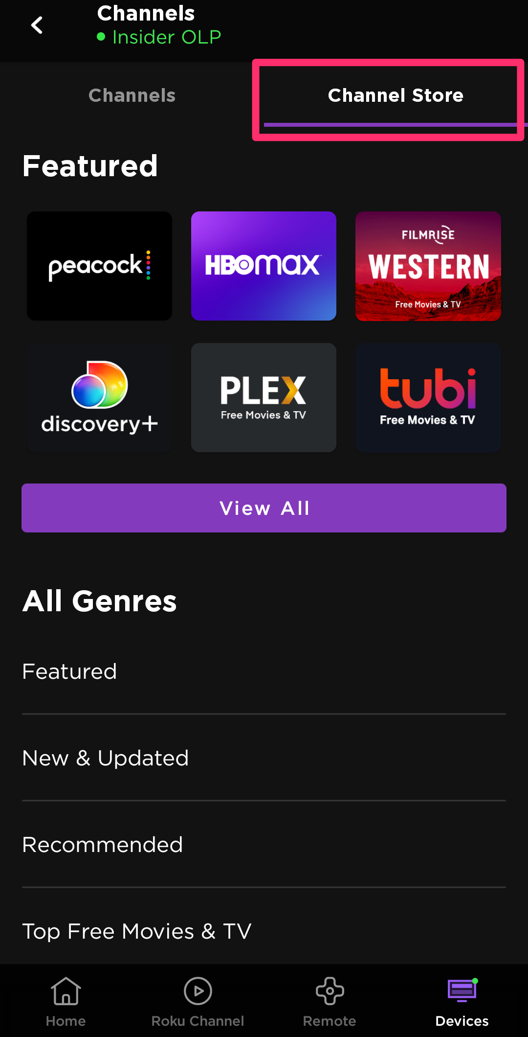 Screenshot of Channel Store option in Devices tab on Roku mobile app