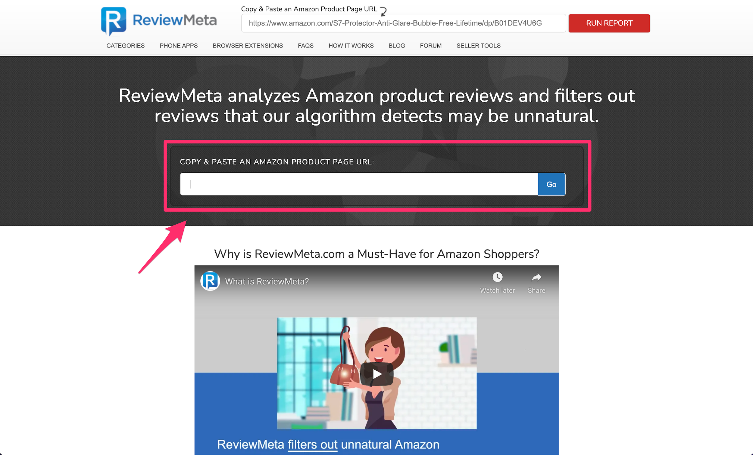 Screenshot of ReviewMeta homepage with the search box highlighted