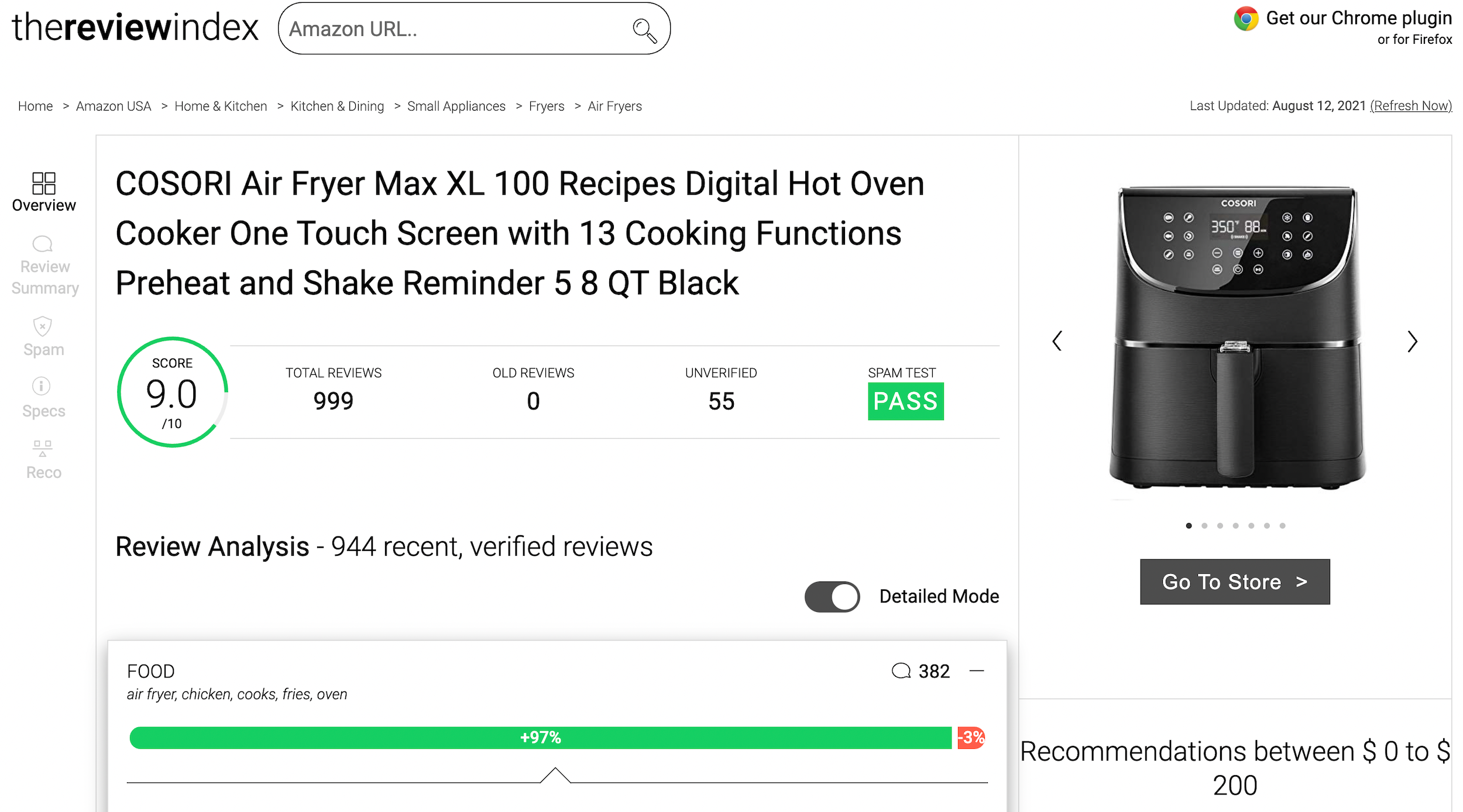 Screensshot of The Review Index analysis report for an air fryer