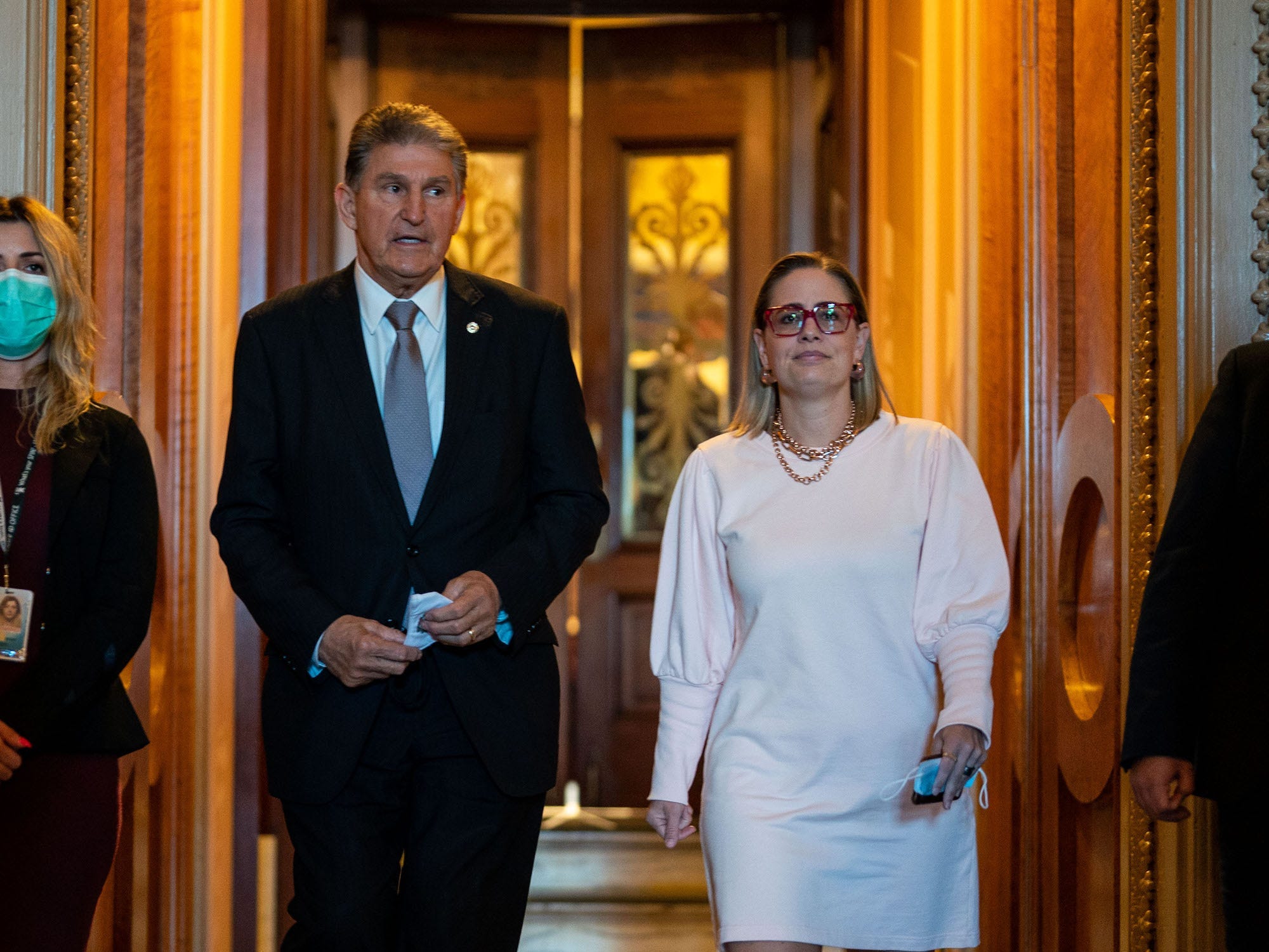 Democratic Sens. Joe Manchin of West Virginia and Kyrsten Sinema of Arizona following a vote at the US Capitol on November 3, 2021.