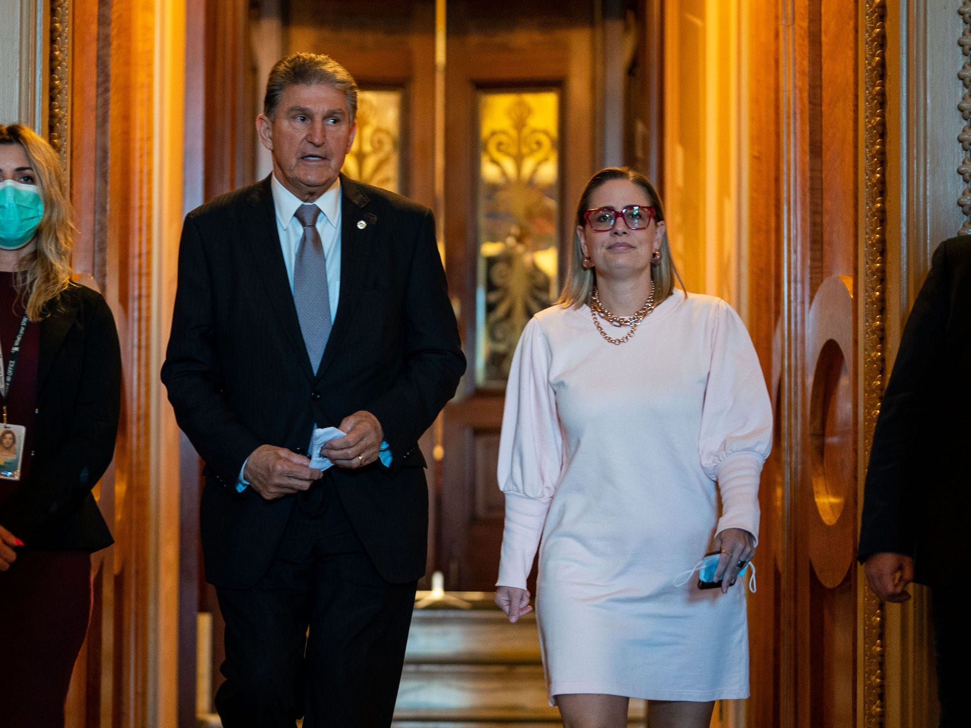 Democratic Sens. Joe Manchin of West Virginia and Kyrsten Sinema of Arizona following a vote at the US Capitol on November 3, 2021.