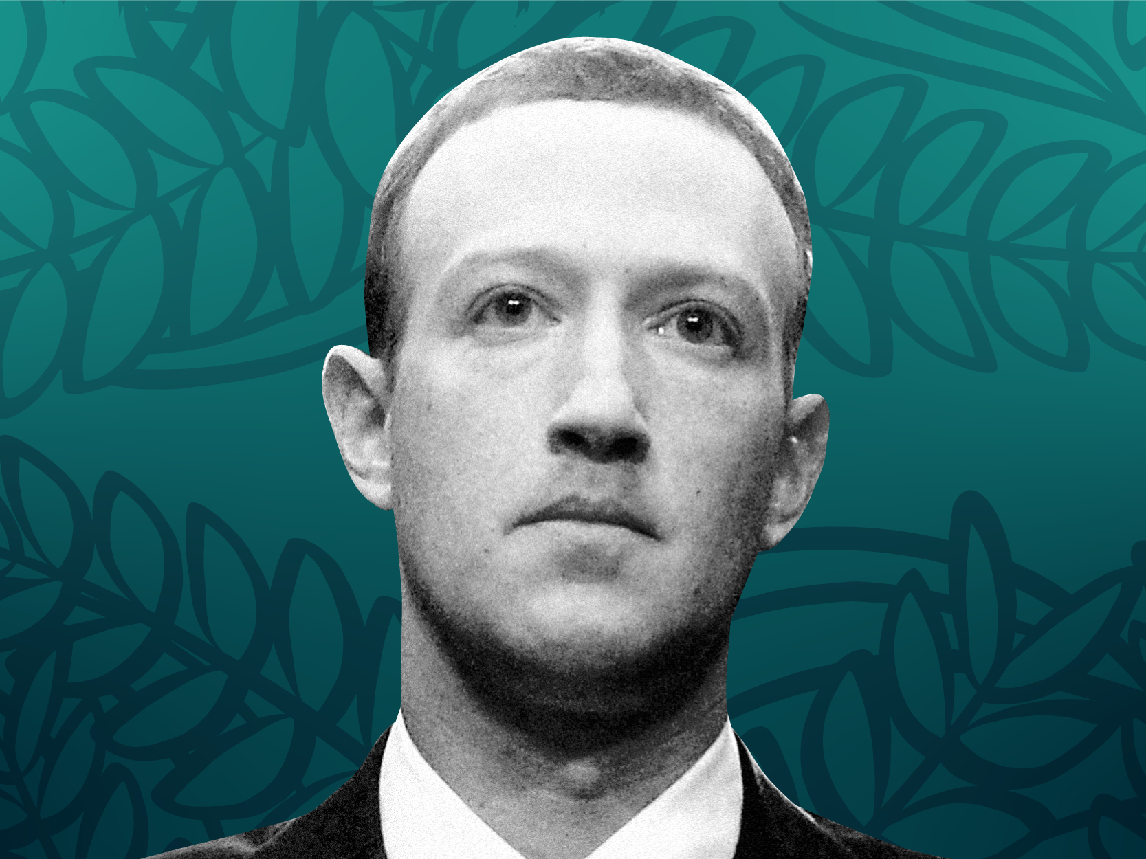 Mark Zuckerberg in front of a teal background and illustrations of leaves.