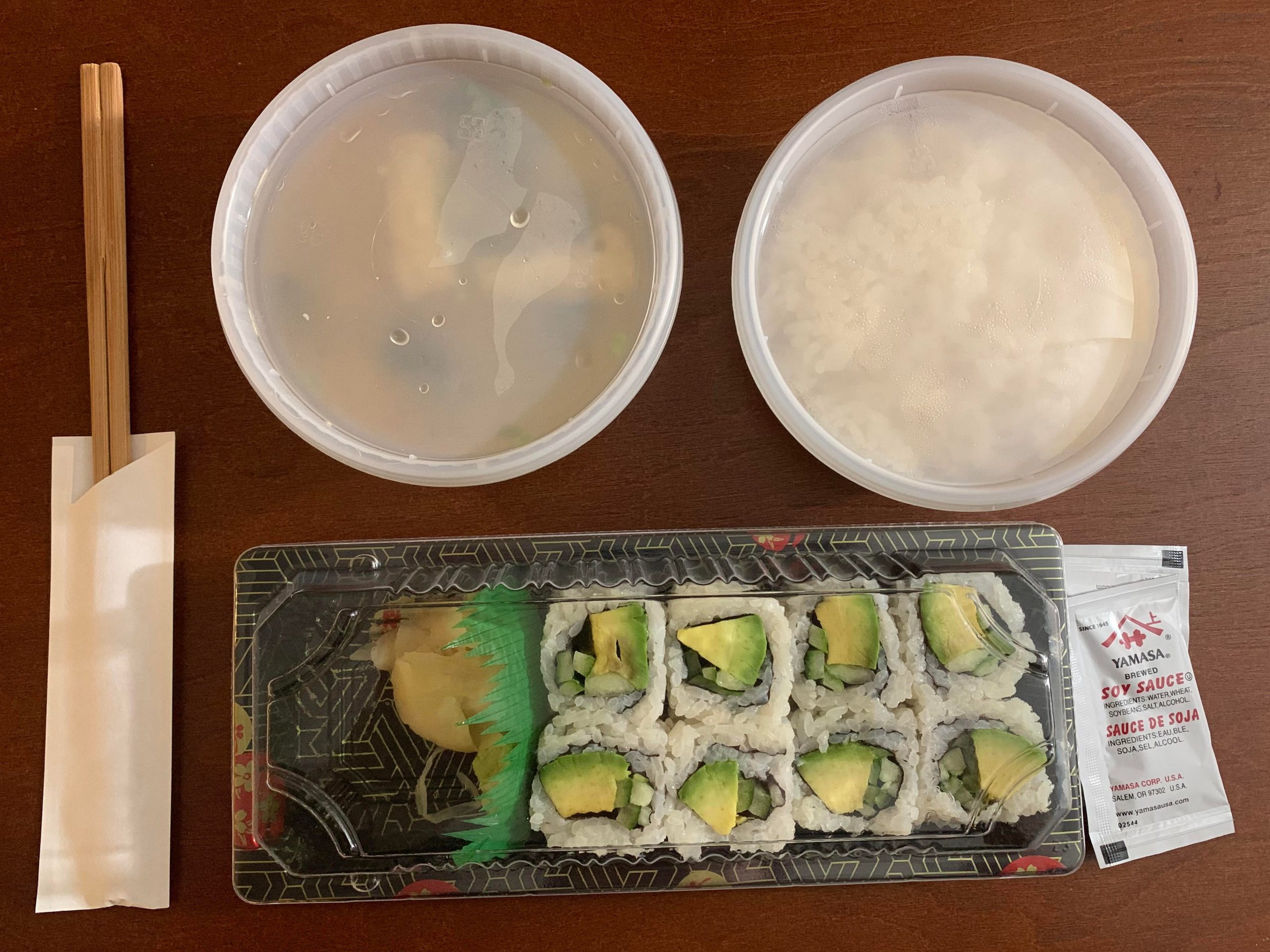 Sushi, sticky, rice, and miso soup.
