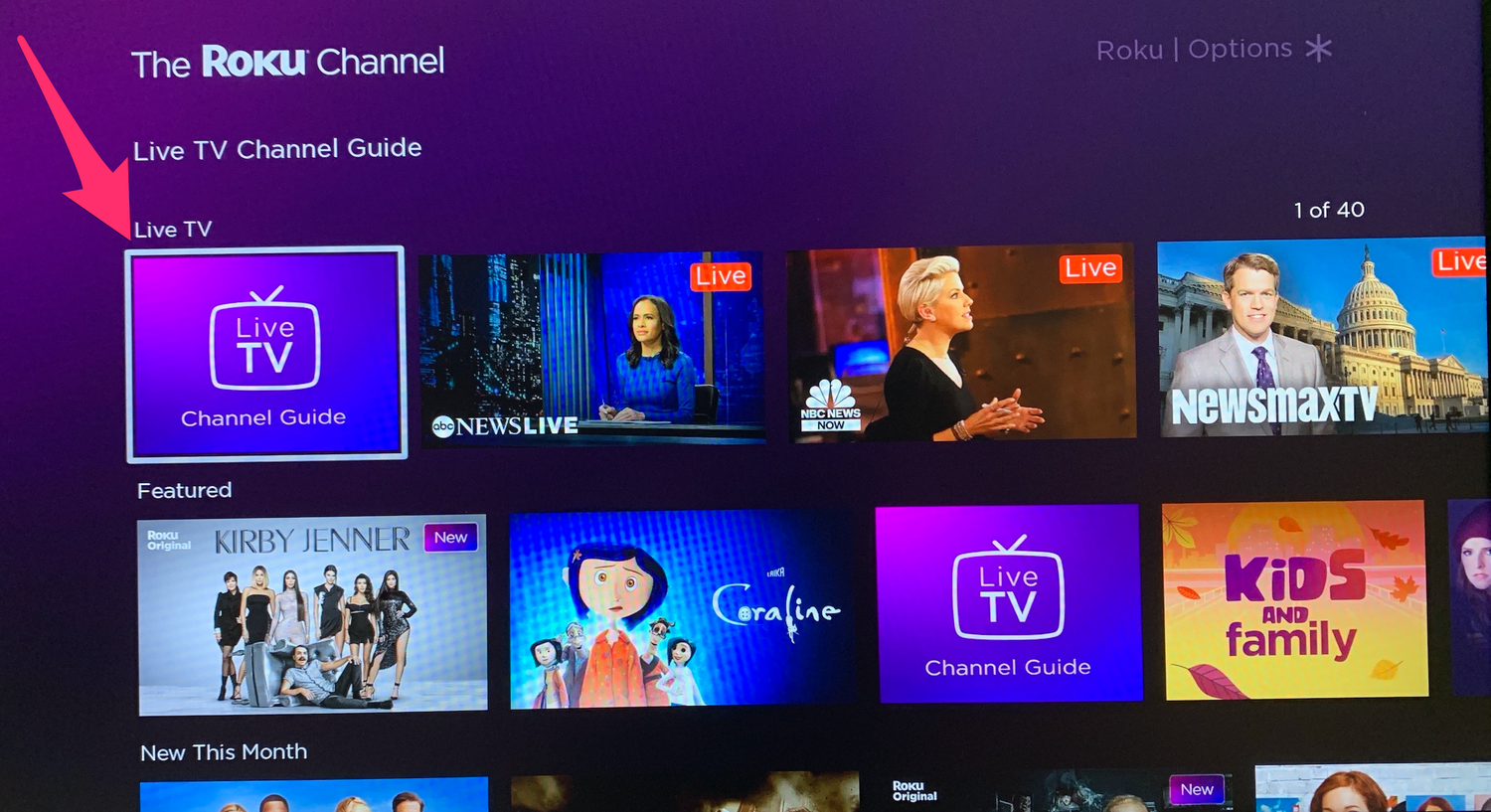 Screenshot of live TV option on The Roku Channel on Roku