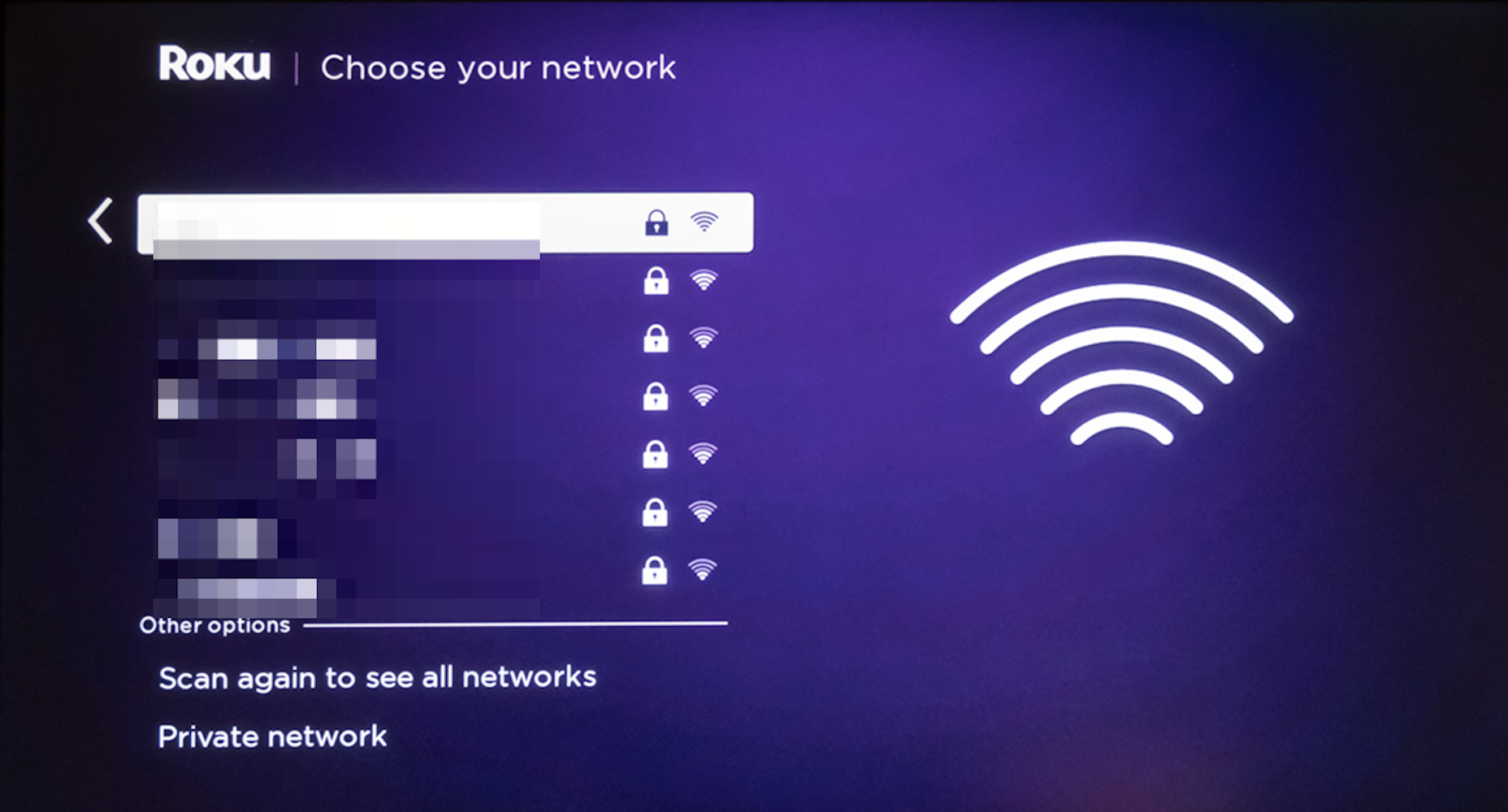 Screenshot of the page to select a WiFi network on Roku