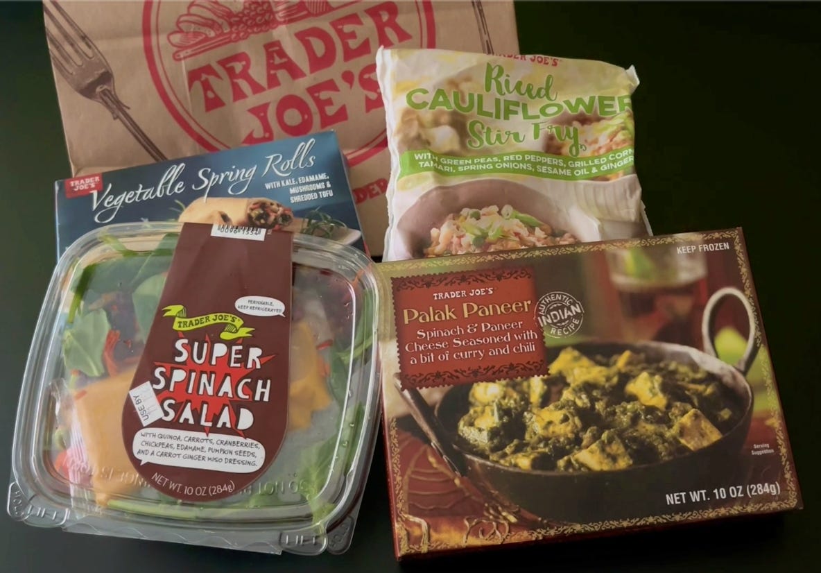 trader joes spinach salad, palak paneer, riced cauliflower, and veggie spring rolls