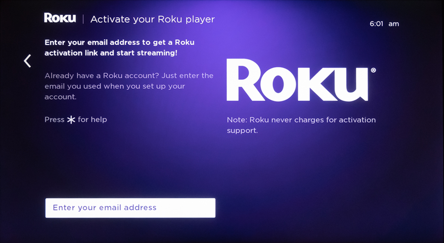 Screenshot of screen to enter email address on Roku setup