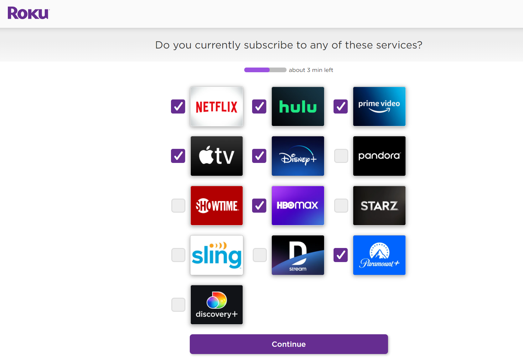 Screenshot of the Roku website during setup