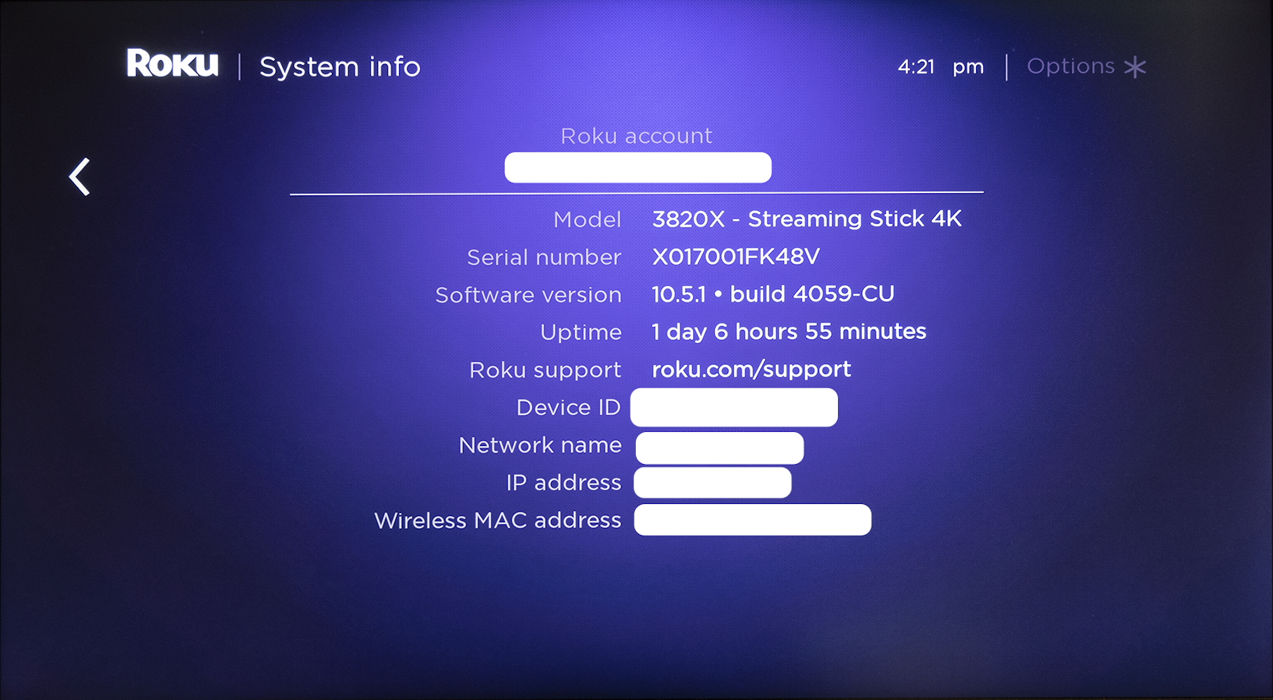 Screenshot of the Roku About page