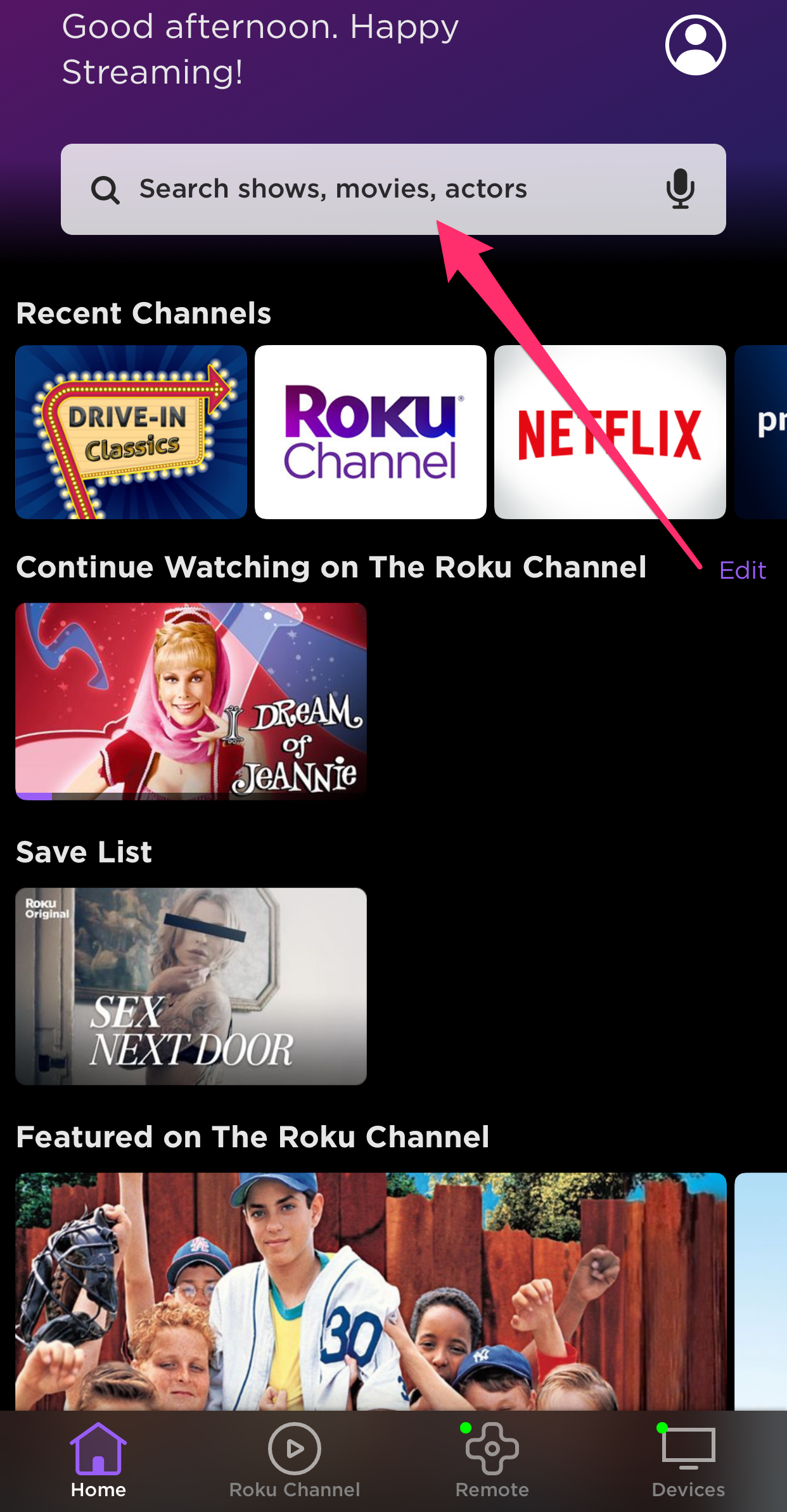 Screenshot of the Roku mobile app homepage
