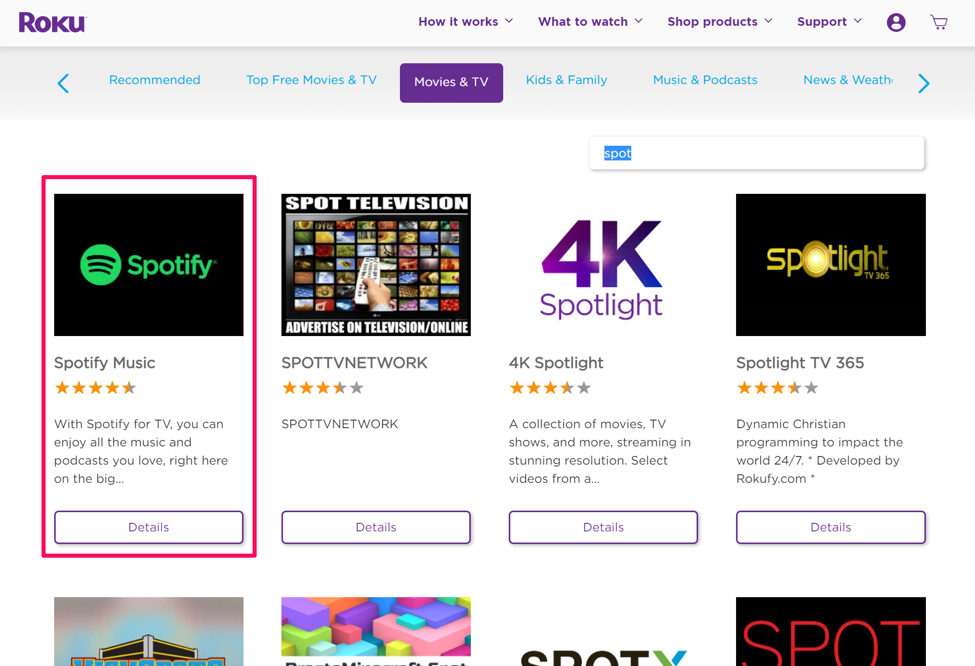Screenshot of the Roku Channel Store website in Chrome