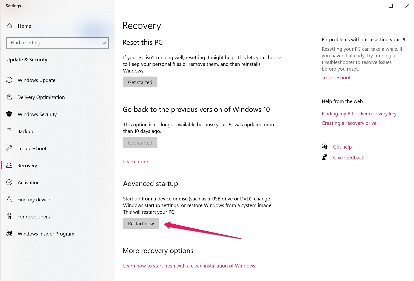 Recovery options in Windows.