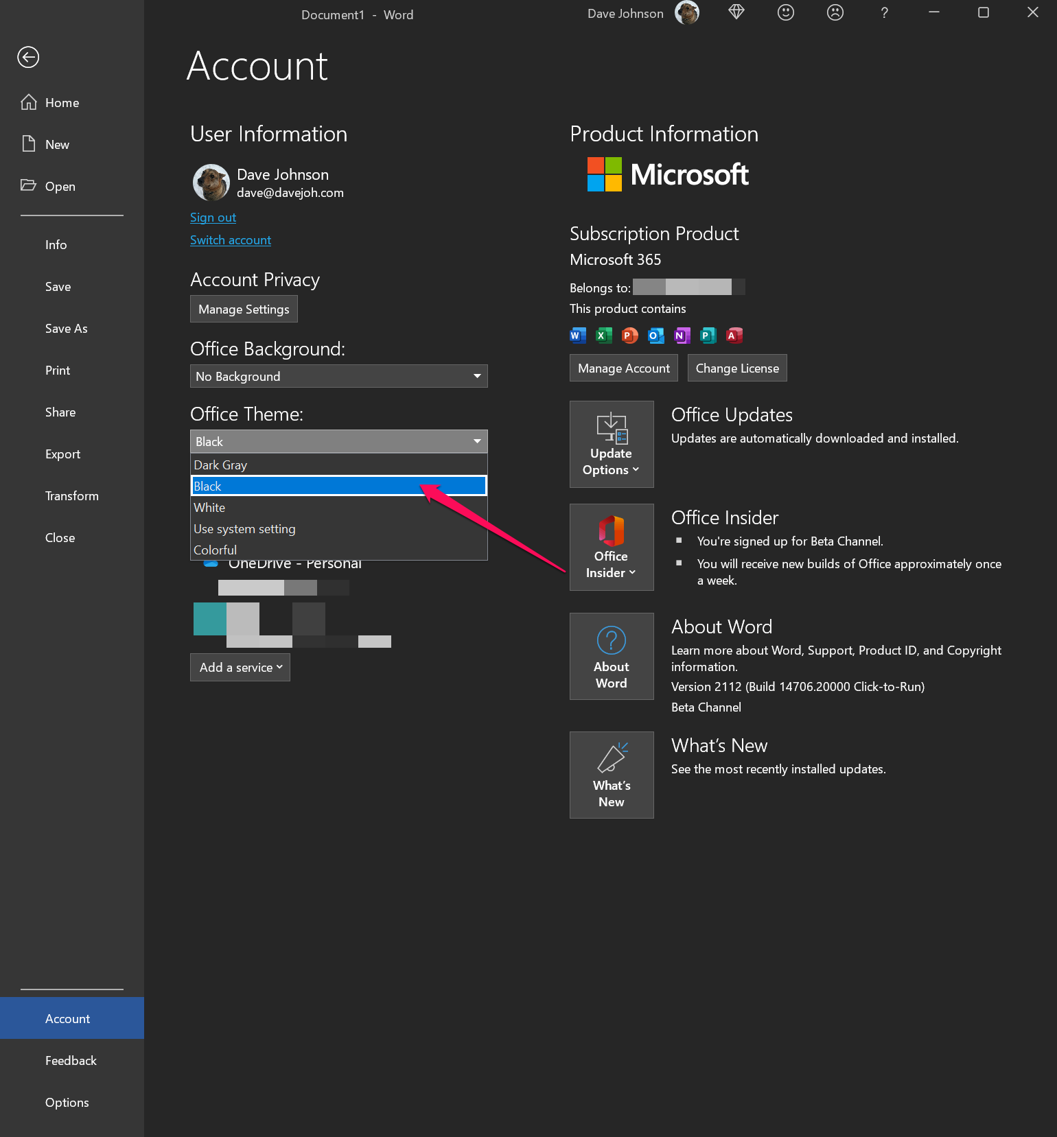 Account settings in Microsoft Word.]