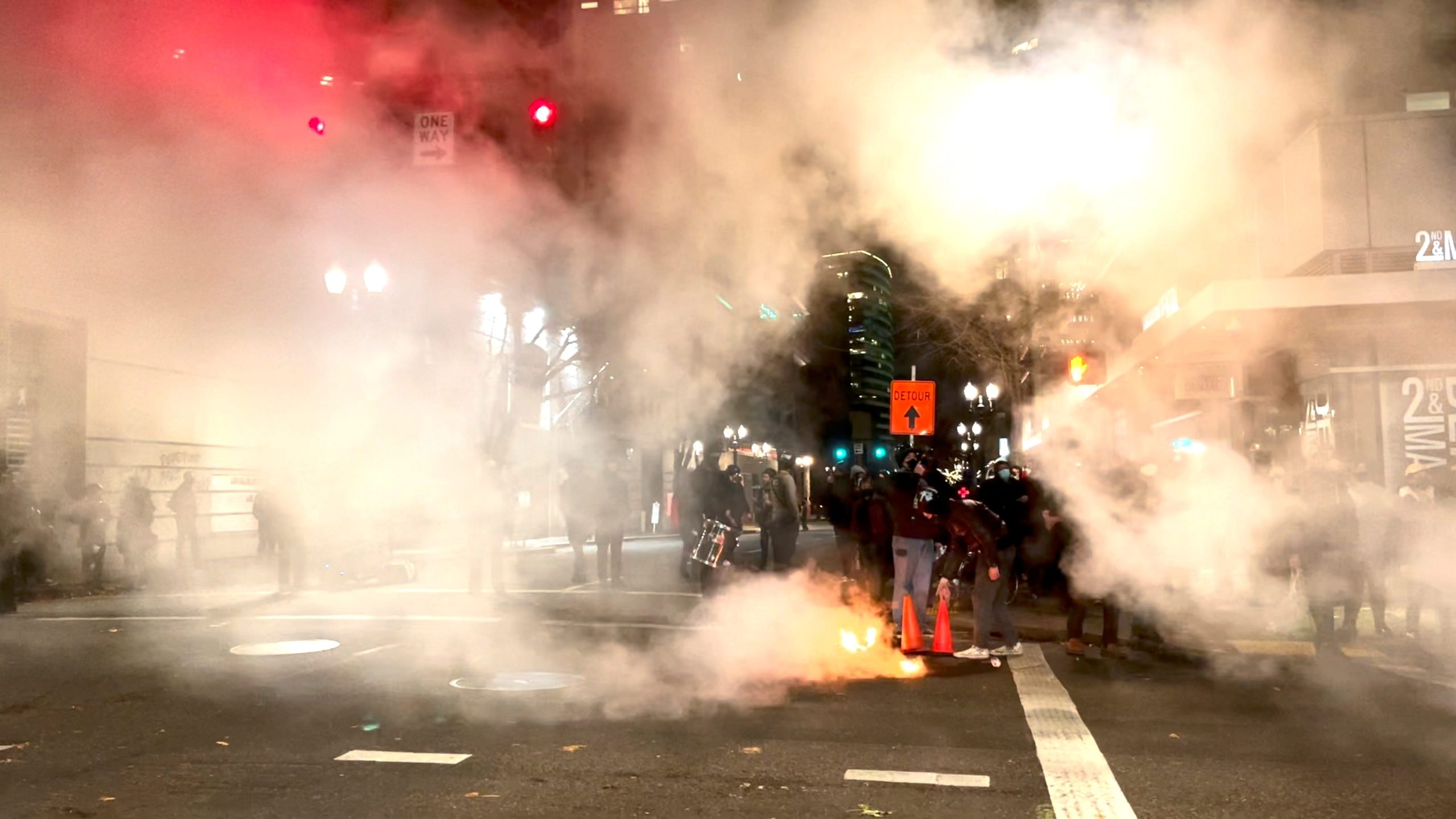 A fire burns on the street during protests after the "not guilty" verdict was announced in the trial of Kyle Rittenhouse, in Portland, Oregon, U.S., November 19, 2021.