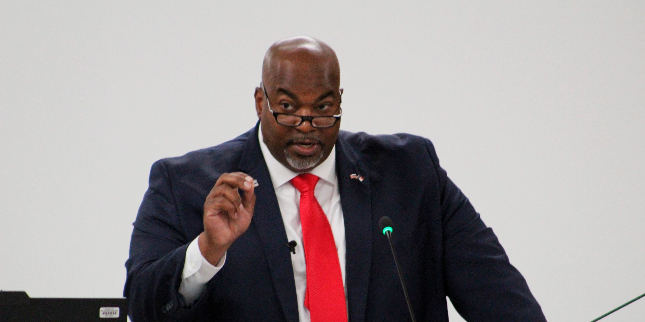 North Carolina Republican Lt. Gov. Mark Robinson speaks at a podium