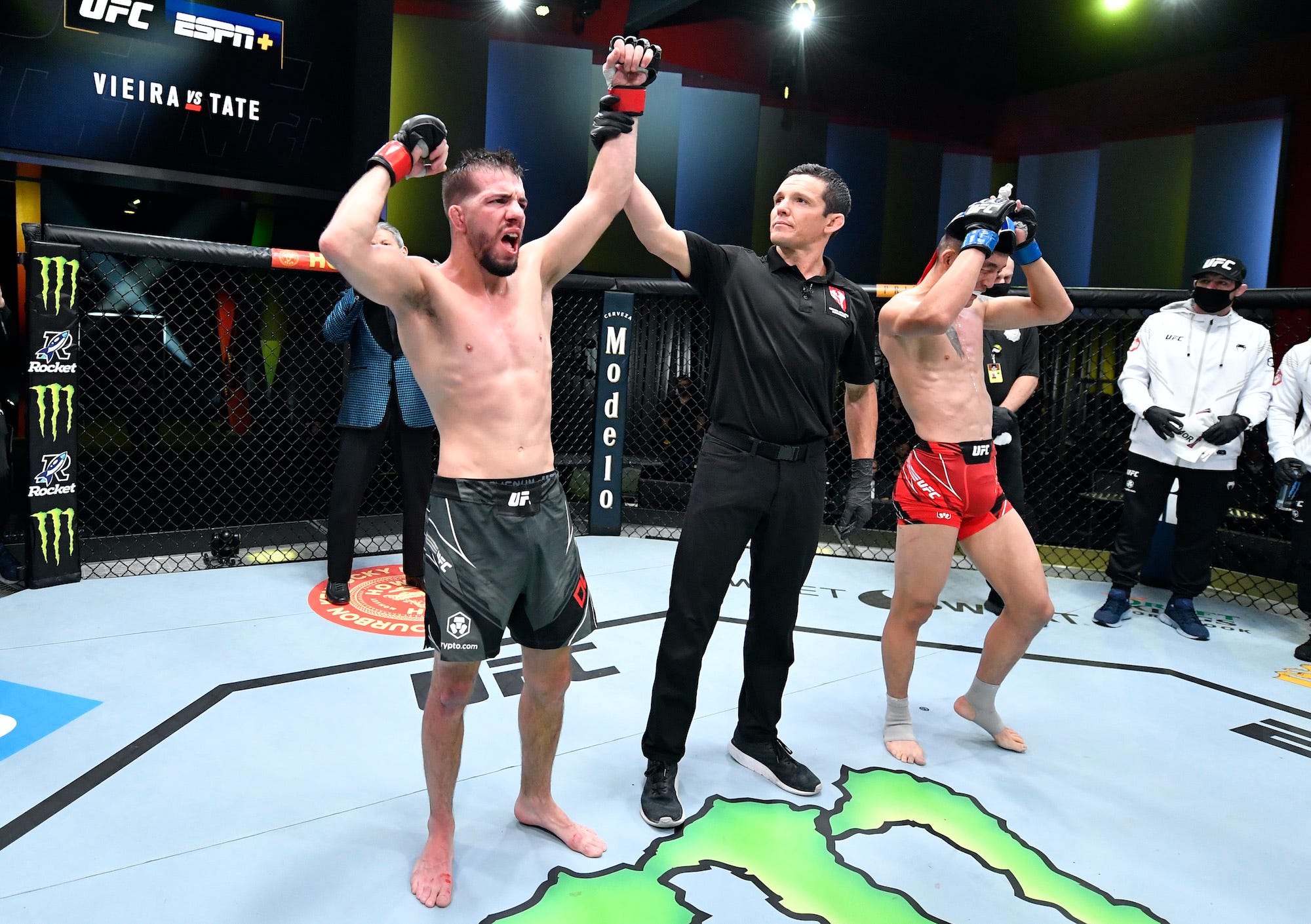 American UFC fighter Cody Durden reacts after his victory over Aoriqileng of China.