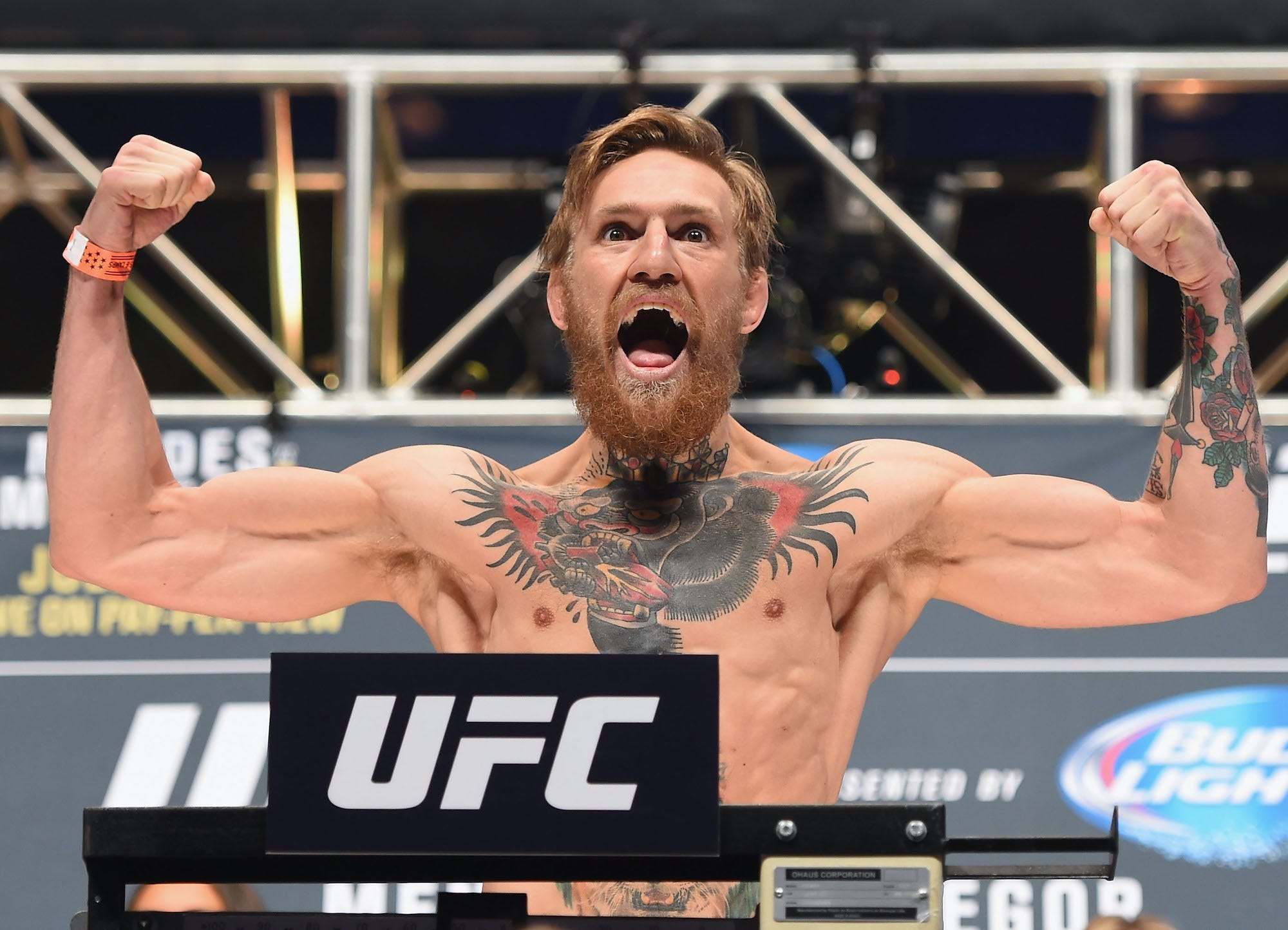Conor McGregor screams during a UFC weigh-in event.