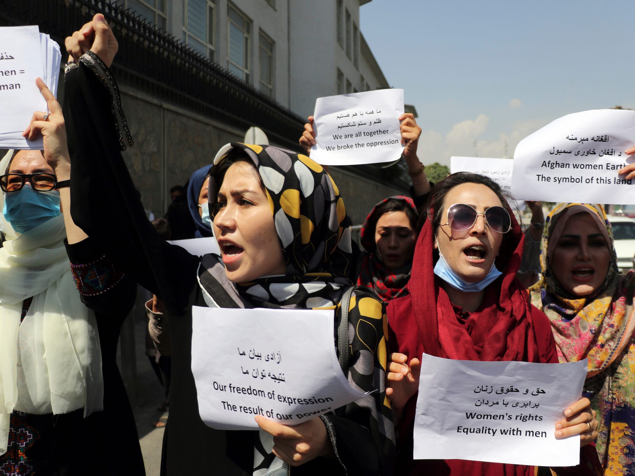 Women gather to demand their rights under the Taliban rule during a protest in Kabul, Afghanistan, Friday, Sept. 3, 2021.