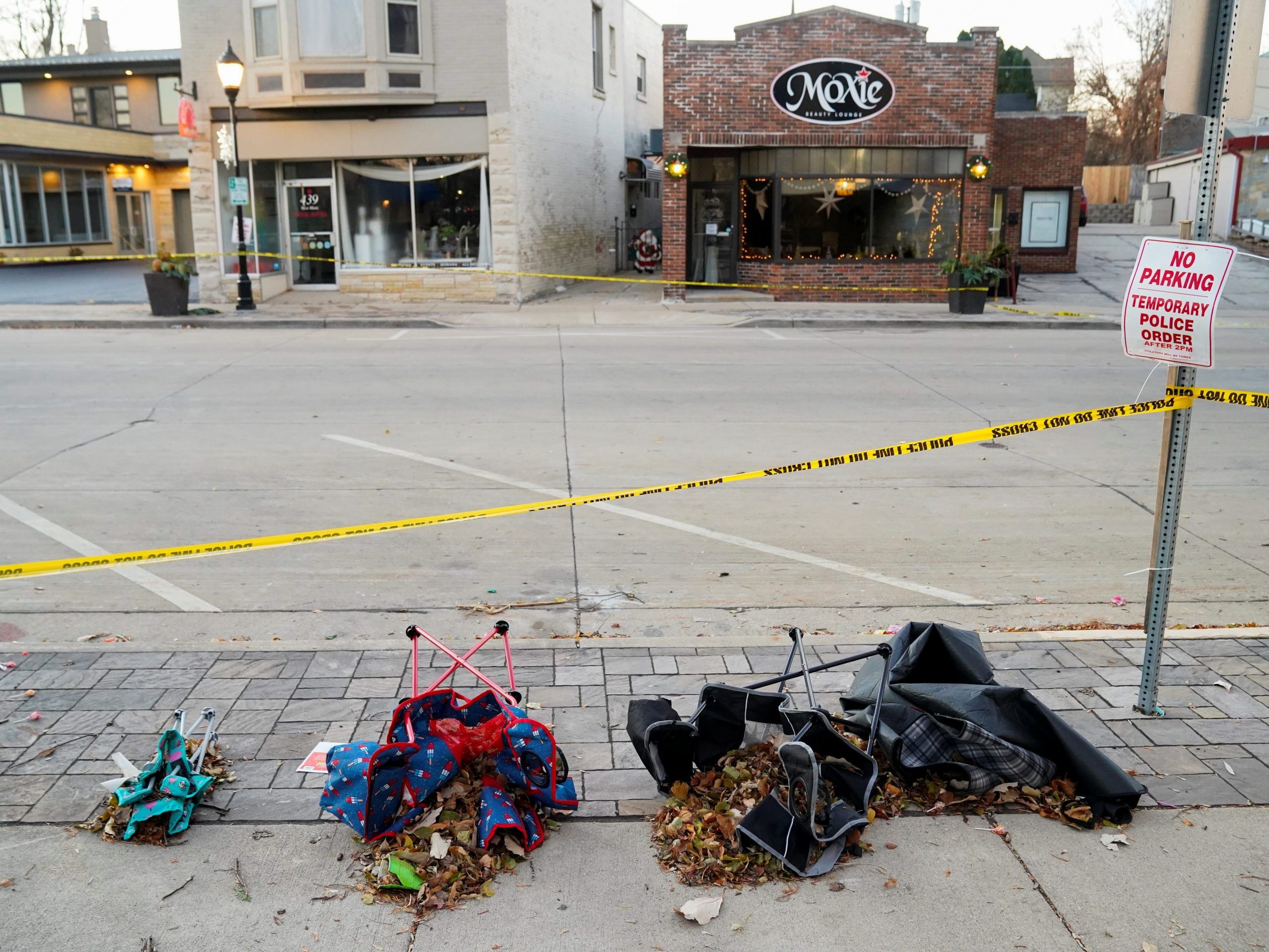 Overturned chairs in aftermath of Waukesha SUV crash.