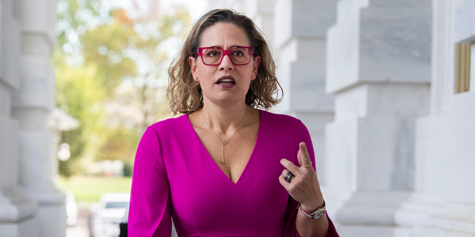 Democratic Sen. Kyrsten Sinema of Arizona arrives for a Senate vote in the US Capitol on October 28, 2021.