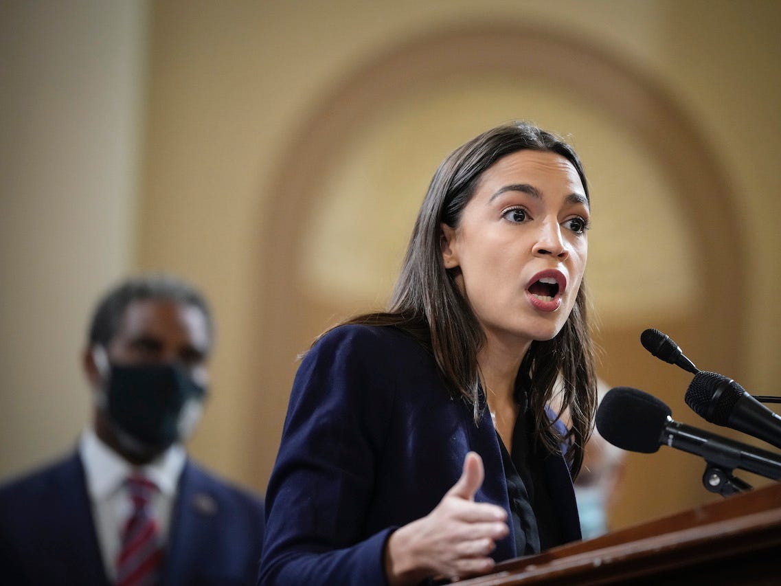 Rep. Alexandria Ocasio-Cortez (D-NY) speaks during a news conference to discuss legislation that would strengthen Social Security benefits, on Capitol Hill October 26, 2021 in Washington, DC.