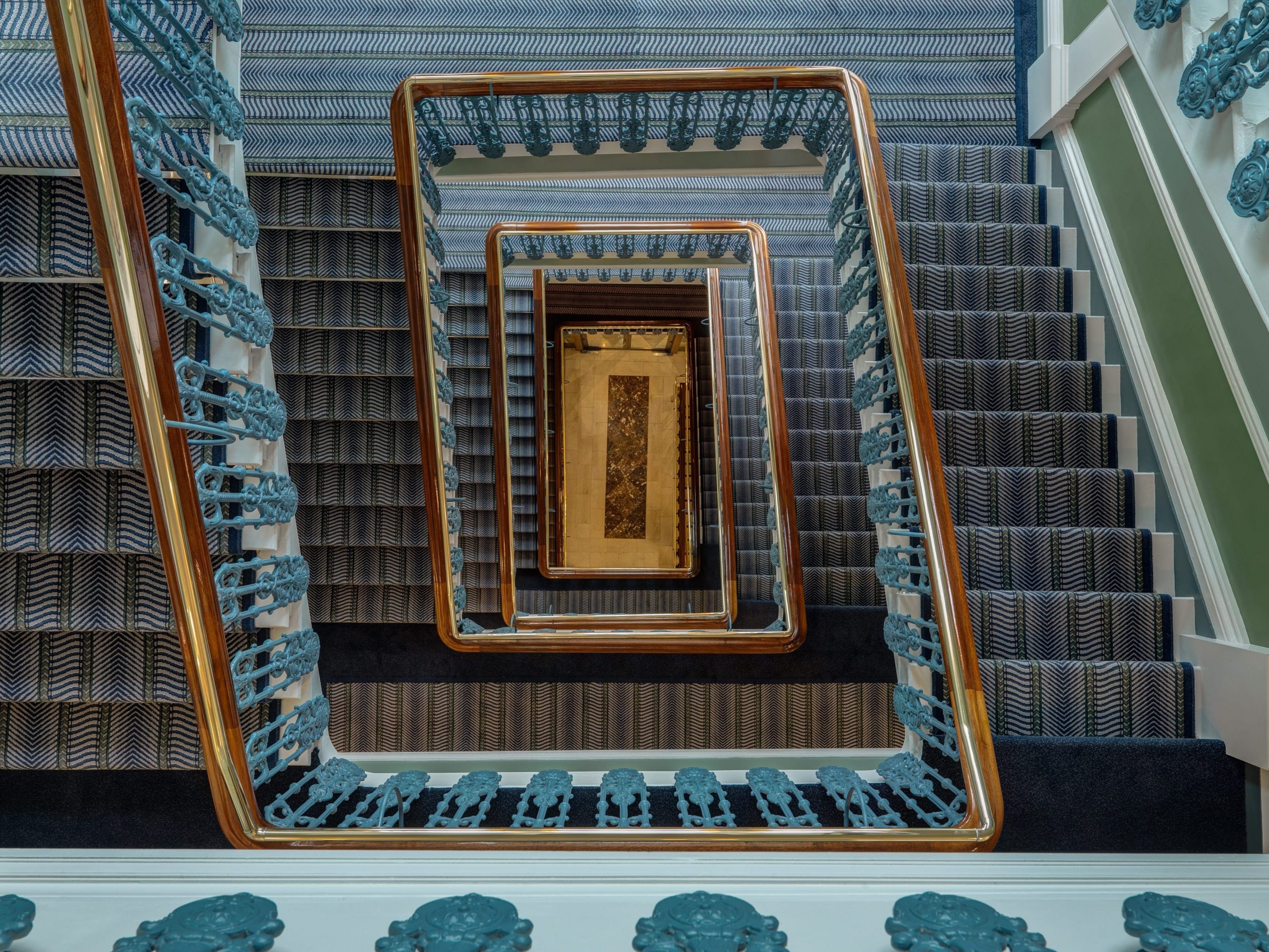 Looking down at the grand staircase at The Shelbourne Hotel in Dublin.