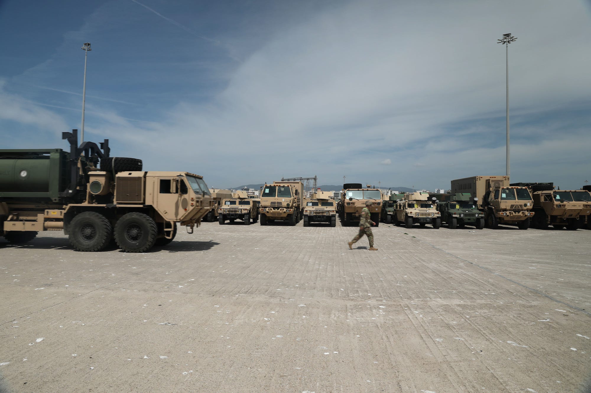 US Army soldiers and vehicles in port at Alexandroupolis Greece