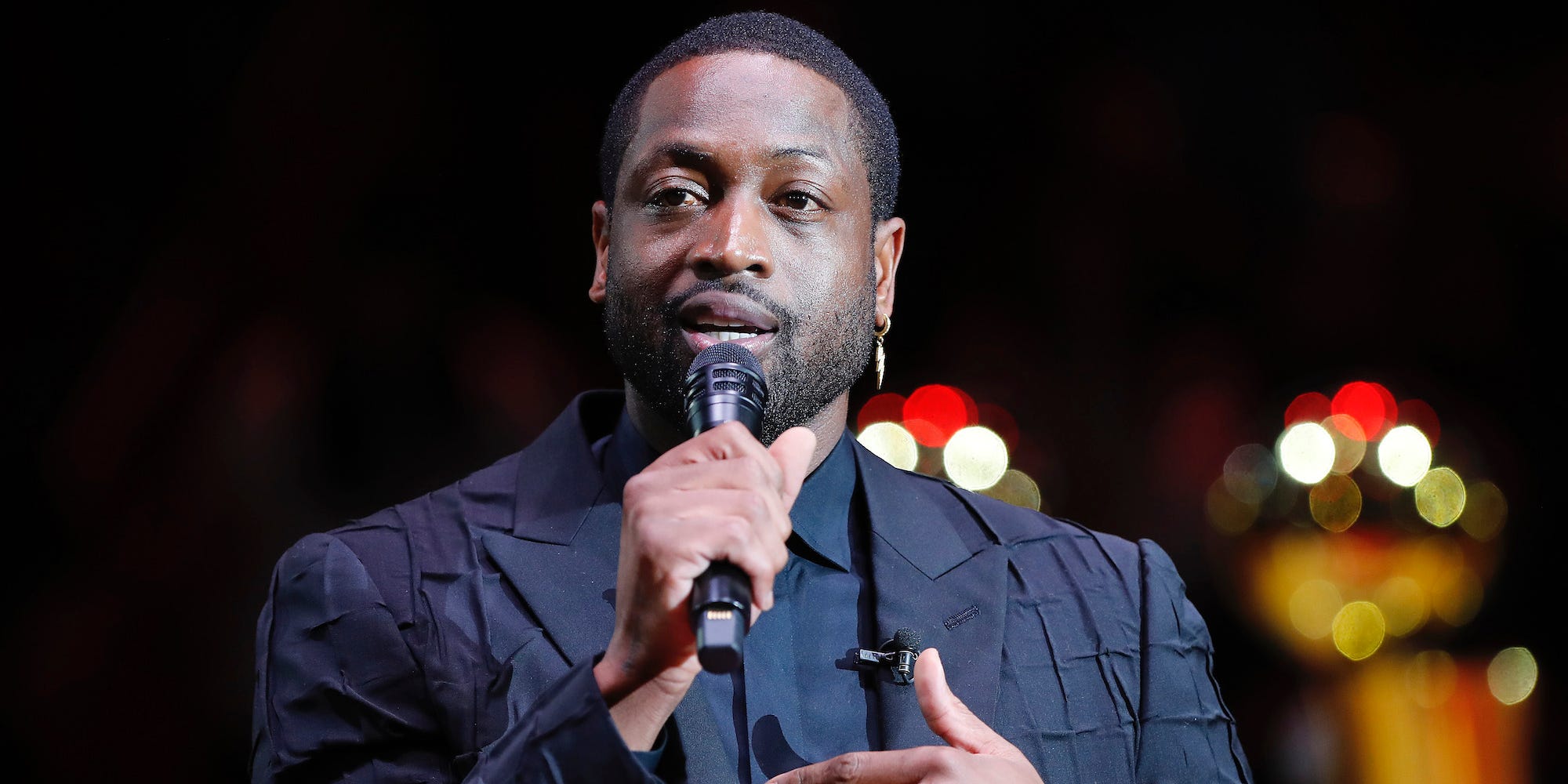 Dwyane Wade speaks at his jersey retirement in February 2020.